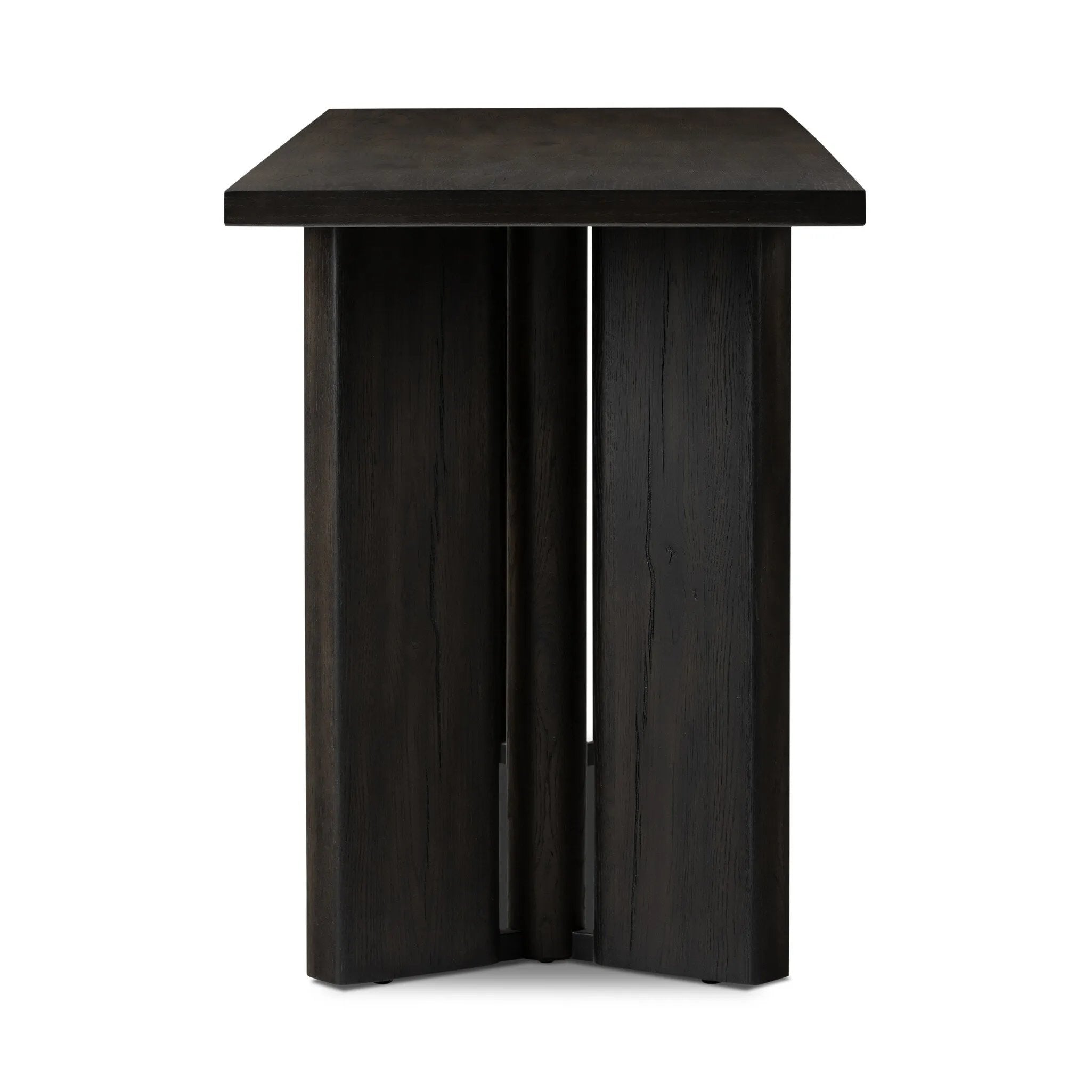 A smoked black finish delivers a character-rich look to an open-style console table. Angled panel legs up the intrigue factor.Collection: Haide Amethyst Home provides interior design, new home construction design consulting, vintage area rugs, and lighting in the Nashville metro area.