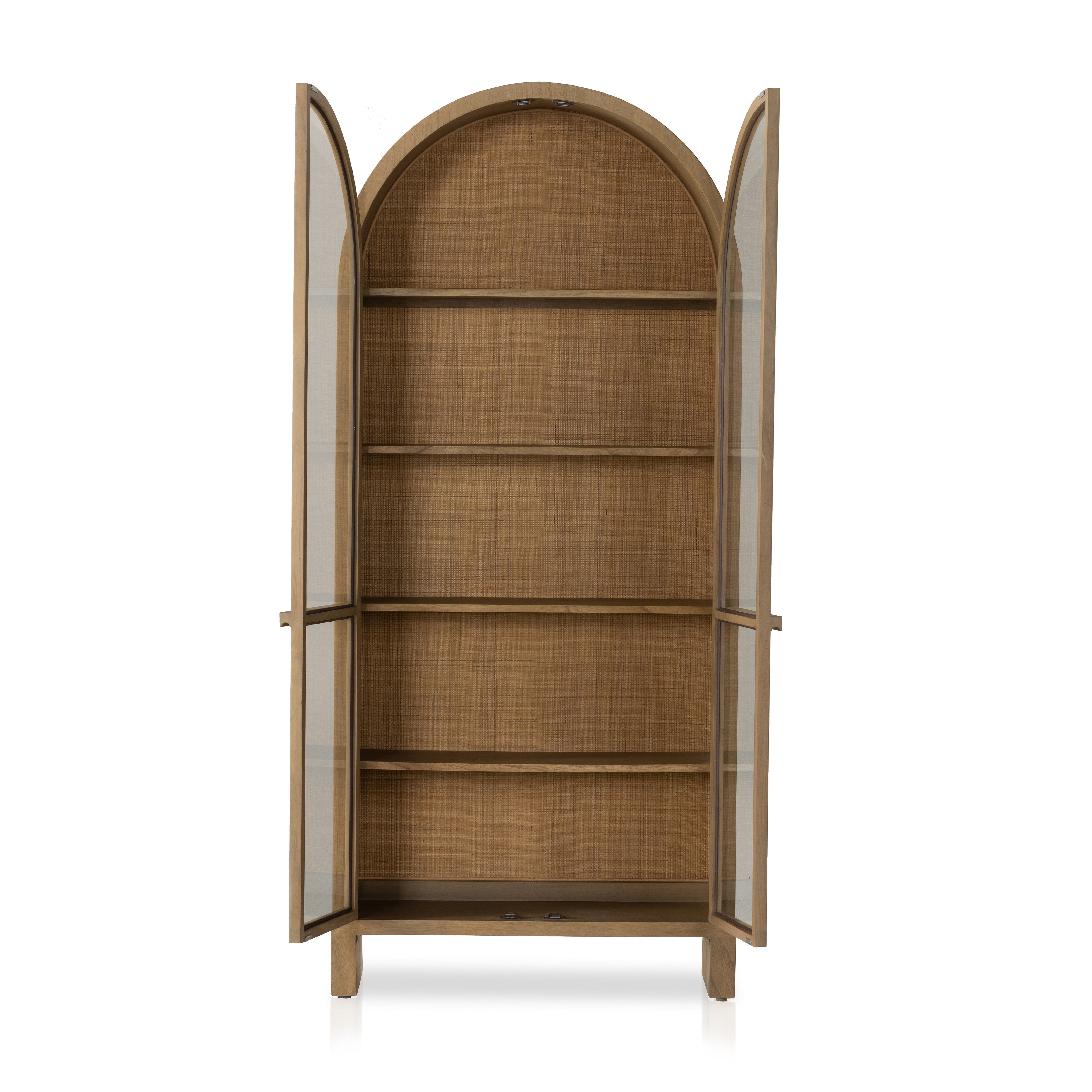Ilana Burnished Mindi Cabinet forms a dramatic arch this glass-front cabinetry, with woven natural cane backing for a textural finishing touch. Amethyst Home provides interior design services, furniture, rugs, and lighting in the Austin metro area.