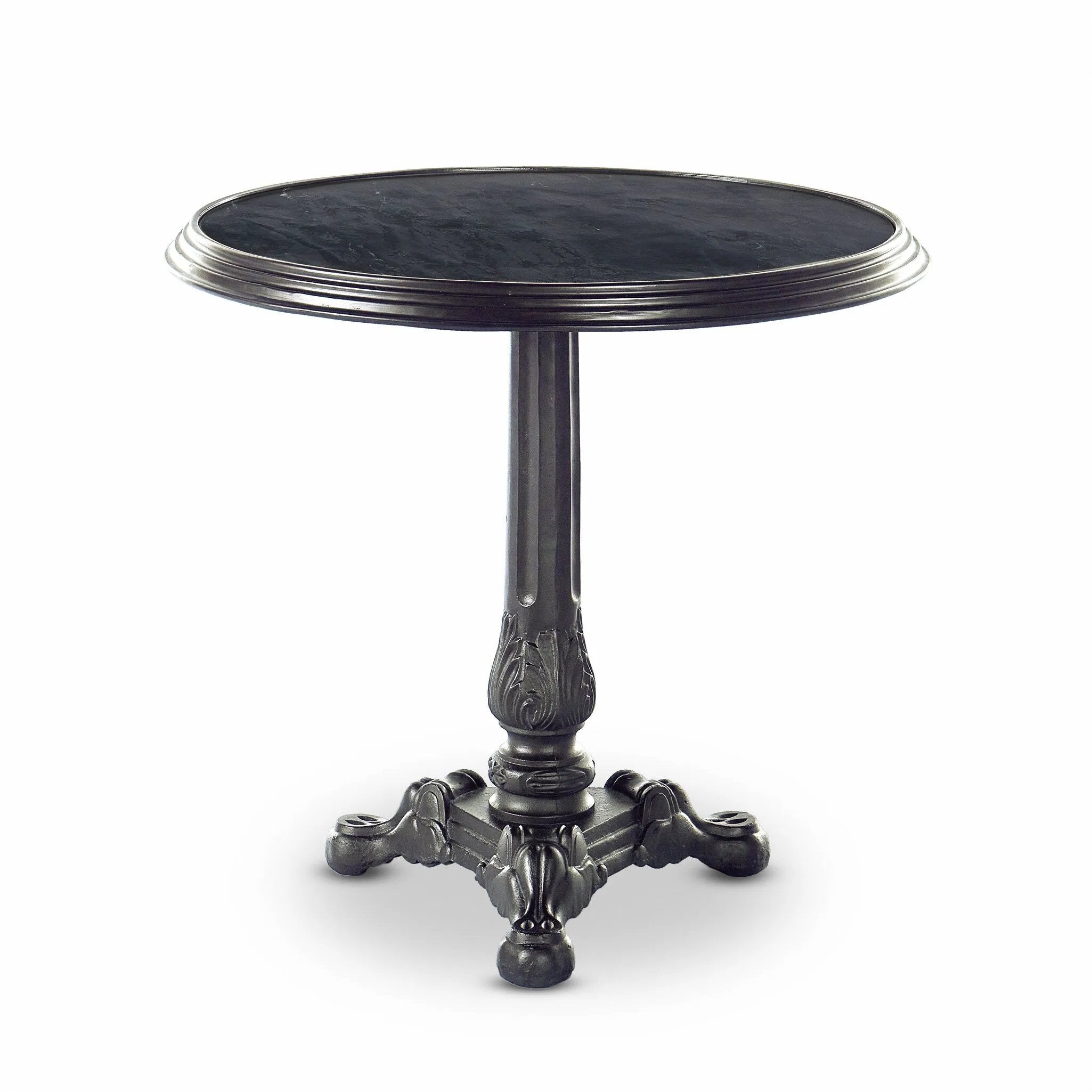 For a fresh take on classic Parisian styling, an ornate cast iron base is topped with black marble.Collection: Rockwel Amethyst Home provides interior design, new home construction design consulting, vintage area rugs, and lighting in the Nashville metro area.