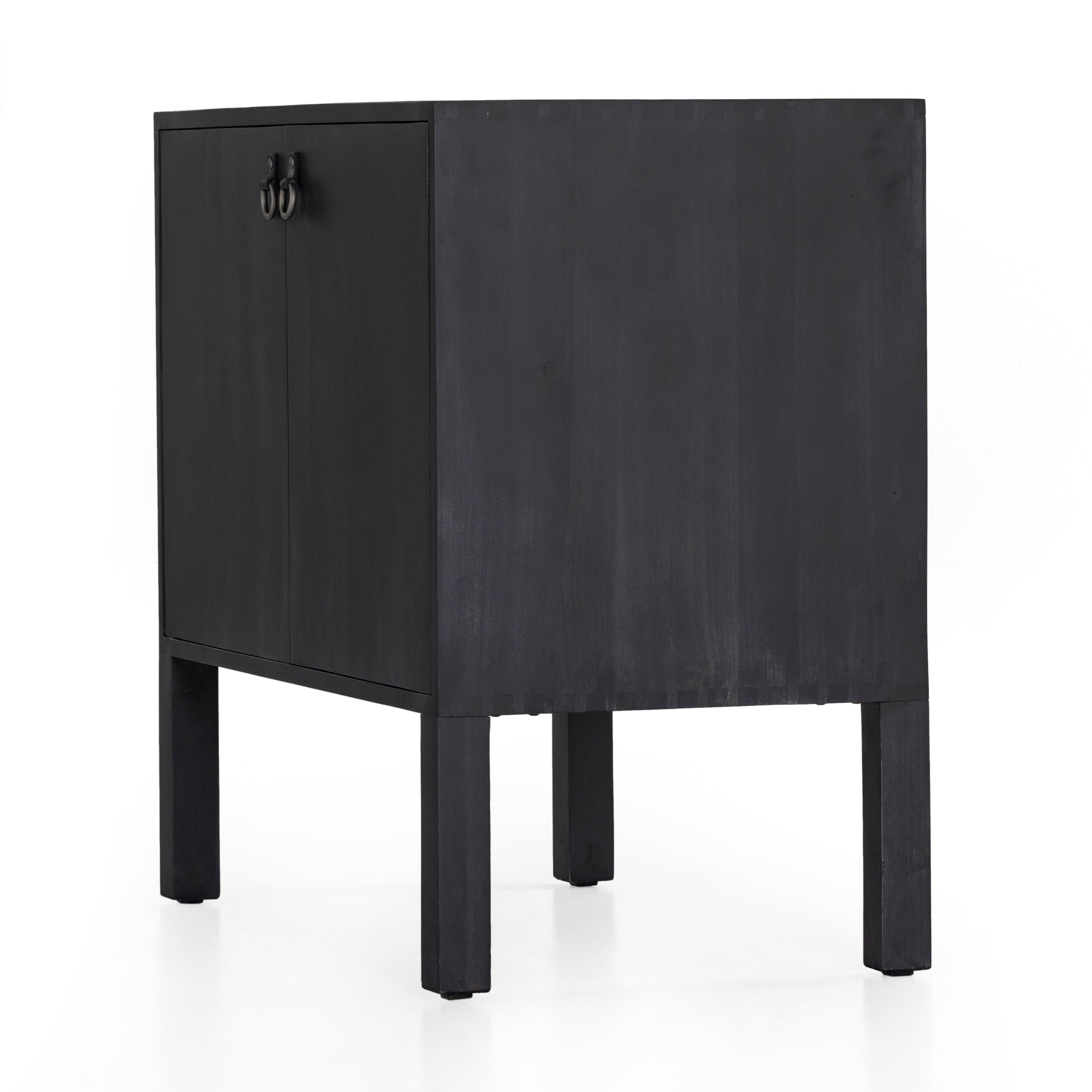 Featuring Isador Black Wash Poplar Bar Cabinet by Four Hands at Amethyst Home. Beautifully simple in spirit. Black-washed solid poplar forms a Parsons-style bar cabinet, with iron and leather hardware for a material-driven update to Shaker-inspired styling. Inside, dual drawers plus generous bottle storage await drink go-tos and bar accessories.Overall Dimensions: 36"W x 19"L x 32". Amethyst Home provides interior design, new construction, custom furniture, and area rugs in the Houston metro area.