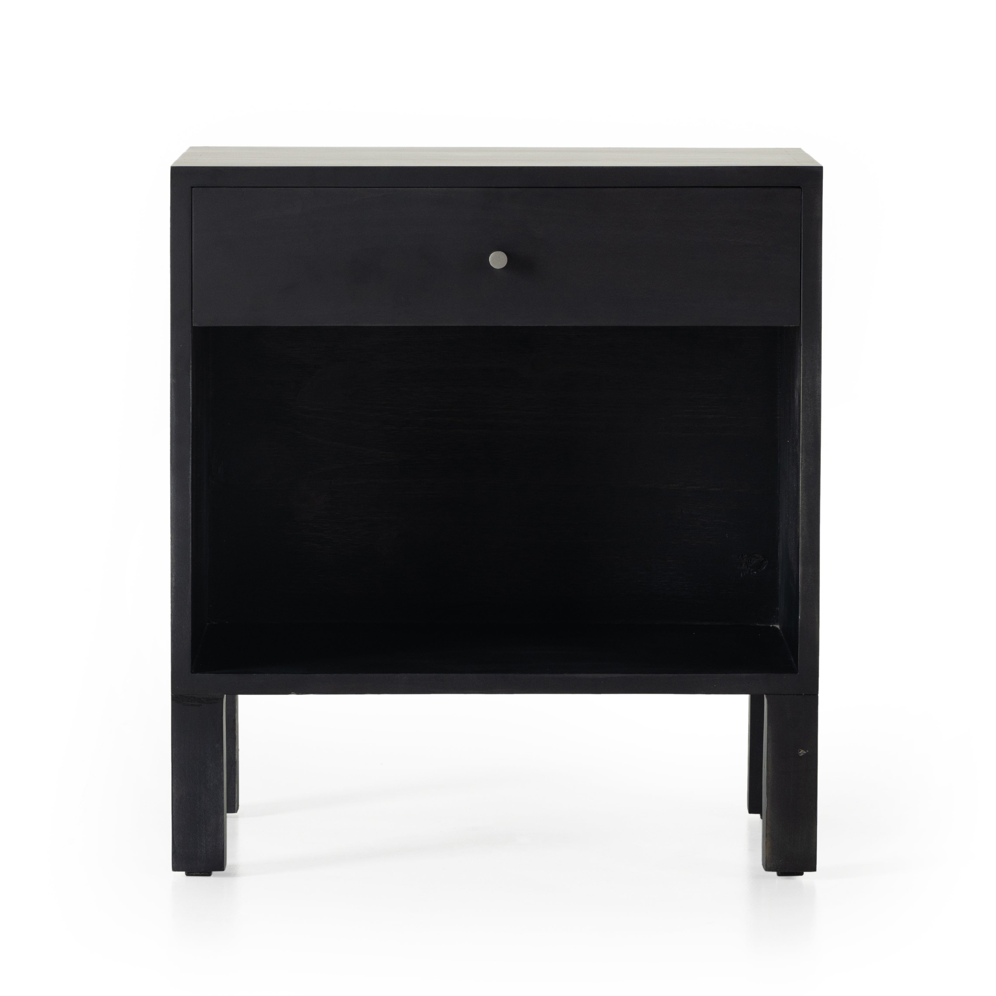 Gather sweet dreams with the Isador Black Wash Poplar Nightstand. The sleek and refined design is perfect for any bedroom. The rich black wash finish creates a timeless look, sure to add elegance and comfort to any décor. Amethyst Home provides interior design, new construction, custom furniture, and area rugs in the Washington metro area.