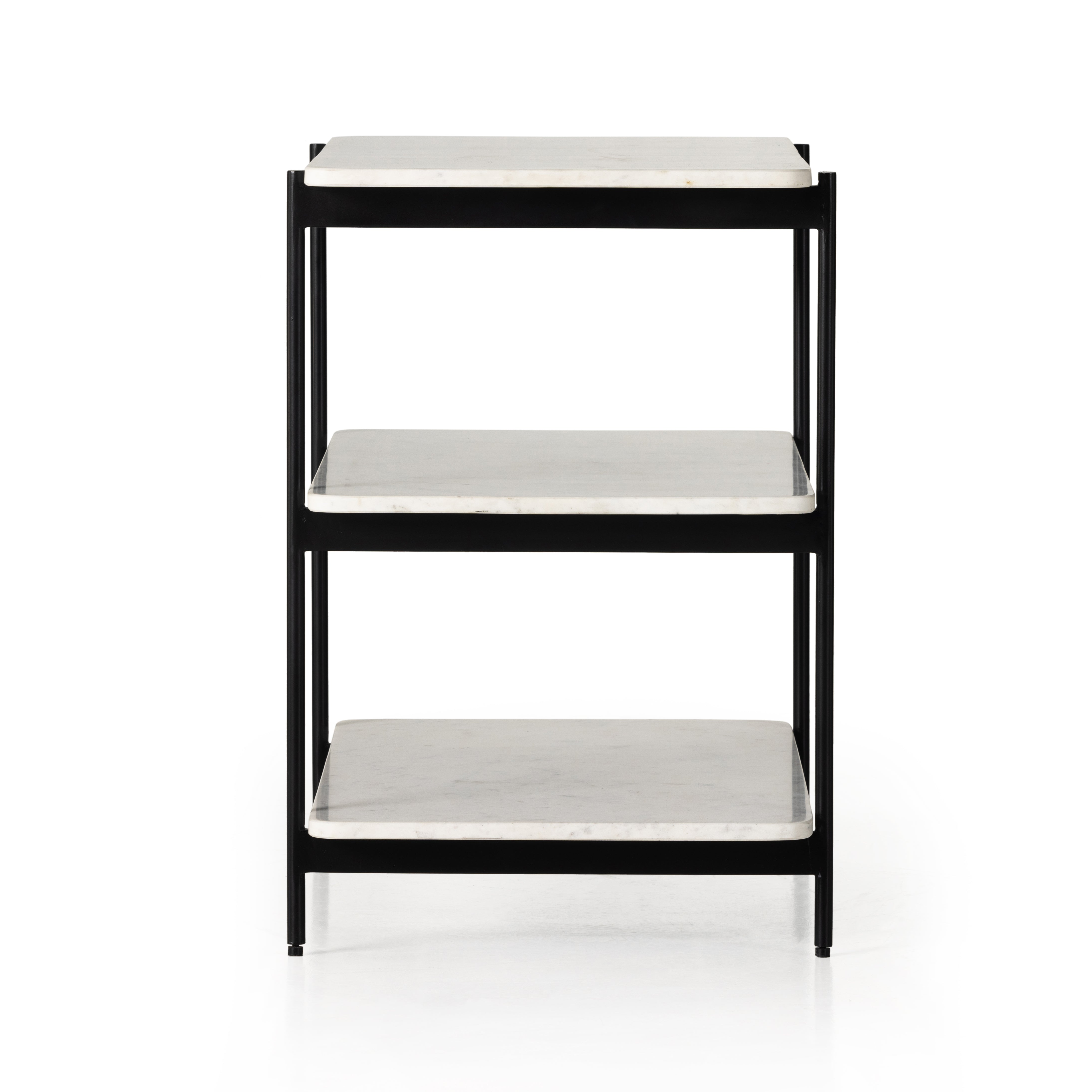 Jasper Nightstand is a black-finished iron that forms a slim, airy frame for open shelving of polished white marble. Amethyst Home provides interior design services, furniture, rugs, and lighting in the Portland metro area. 