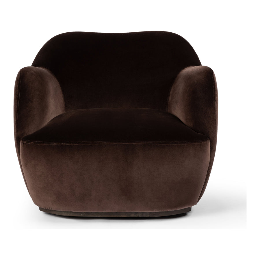 Velvety chocolate-brown upholstery pairs with an S-spring seat and enveloped frame for an inviting look and feel on this 360-degree swivel chair. Amethyst Home provides interior design, new construction, custom furniture, and area rugs in the Charlotte metro area.