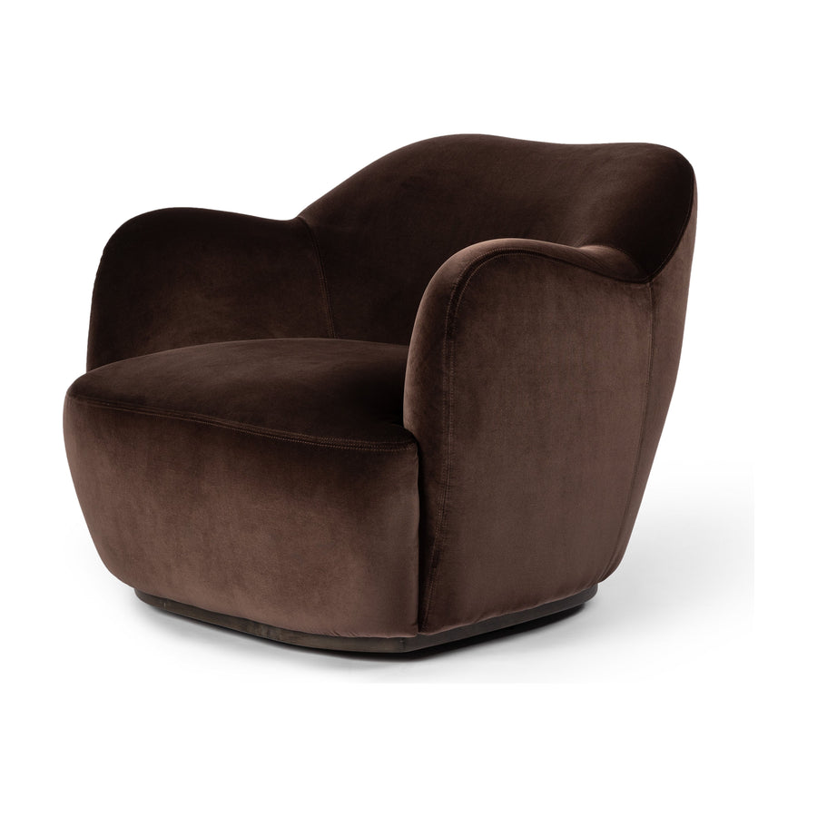 Velvety chocolate-brown upholstery pairs with an S-spring seat and enveloped frame for an inviting look and feel on this 360-degree swivel chair. Amethyst Home provides interior design, new construction, custom furniture, and area rugs in the Laguna Beach metro area.