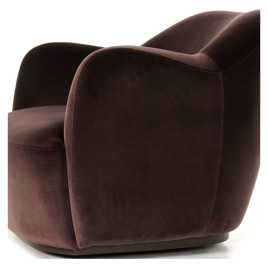 Velvety chocolate-brown upholstery pairs with an S-spring seat and enveloped frame for an inviting look and feel on this 360-degree swivel chair. Amethyst Home provides interior design, new construction, custom furniture, and area rugs in the Los Angeles metro area.