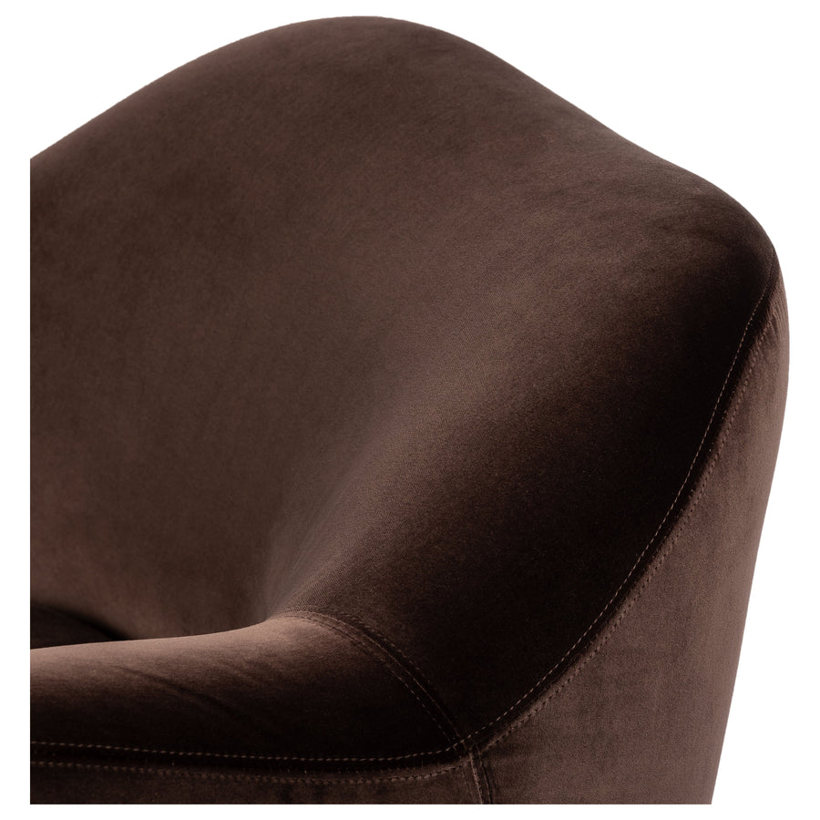 Velvety chocolate-brown upholstery pairs with an S-spring seat and enveloped frame for an inviting look and feel on this 360-degree swivel chair. Amethyst Home provides interior design, new construction, custom furniture, and area rugs in the San Diego metro area.