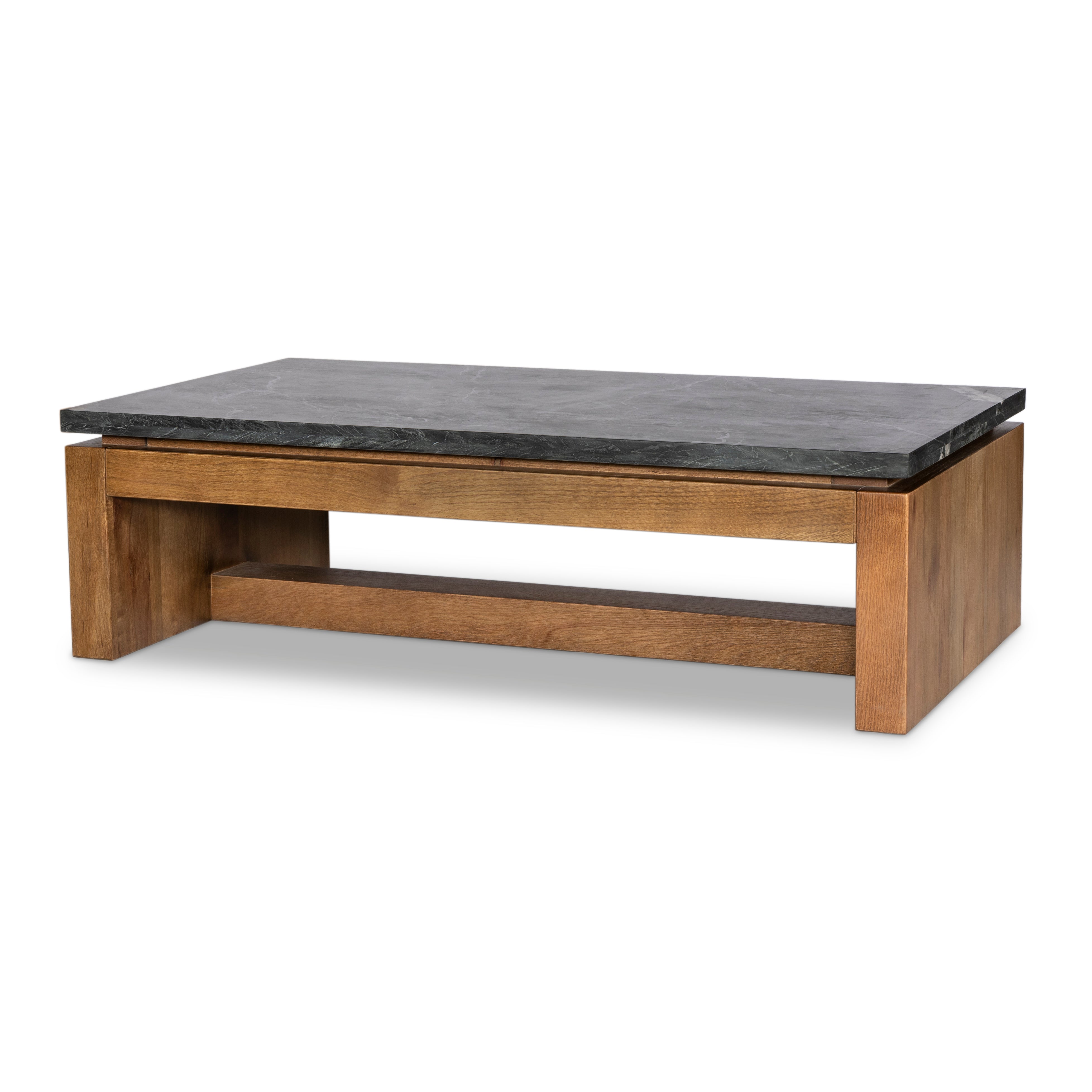 Mixed materials update this waterfall-style coffee table, as a warm oak base pairs with a sleek black marble tabletop. Amethyst Home provides interior design, new construction, custom furniture, and area rugs in the Alpharetta metro area.