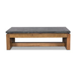 Mixed materials update this waterfall-style coffee table, as a warm oak base pairs with a sleek black marble tabletop. Amethyst Home provides interior design, new construction, custom furniture, and area rugs in the Omaha metro area.