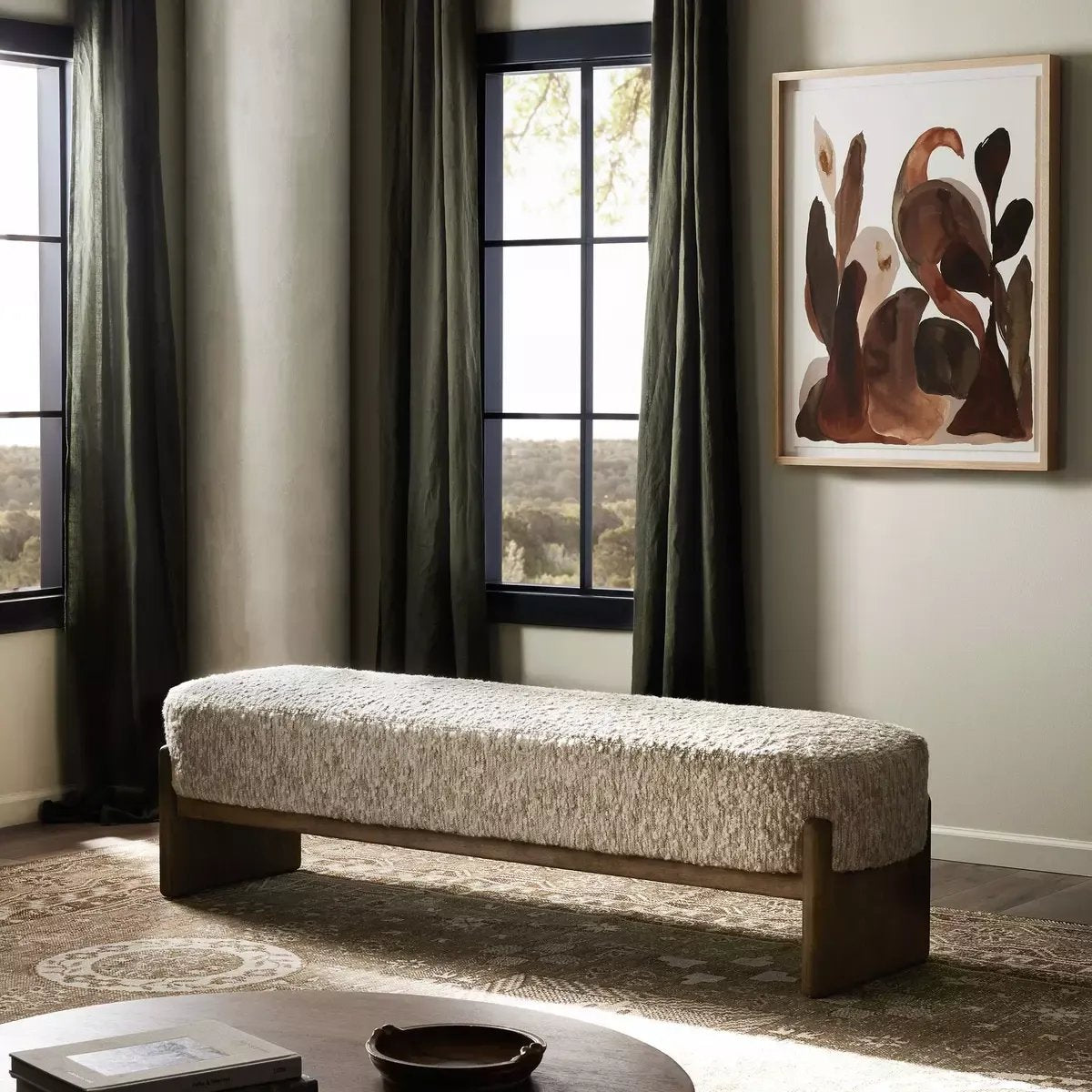 Style this modern accent bench just about anywhere. A cradle base of wire-brushed parawood supports heavily textured upholstered seating.Collection: Kensingto Amethyst Home provides interior design, new home construction design consulting, vintage area rugs, and lighting in the Tampa metro area.