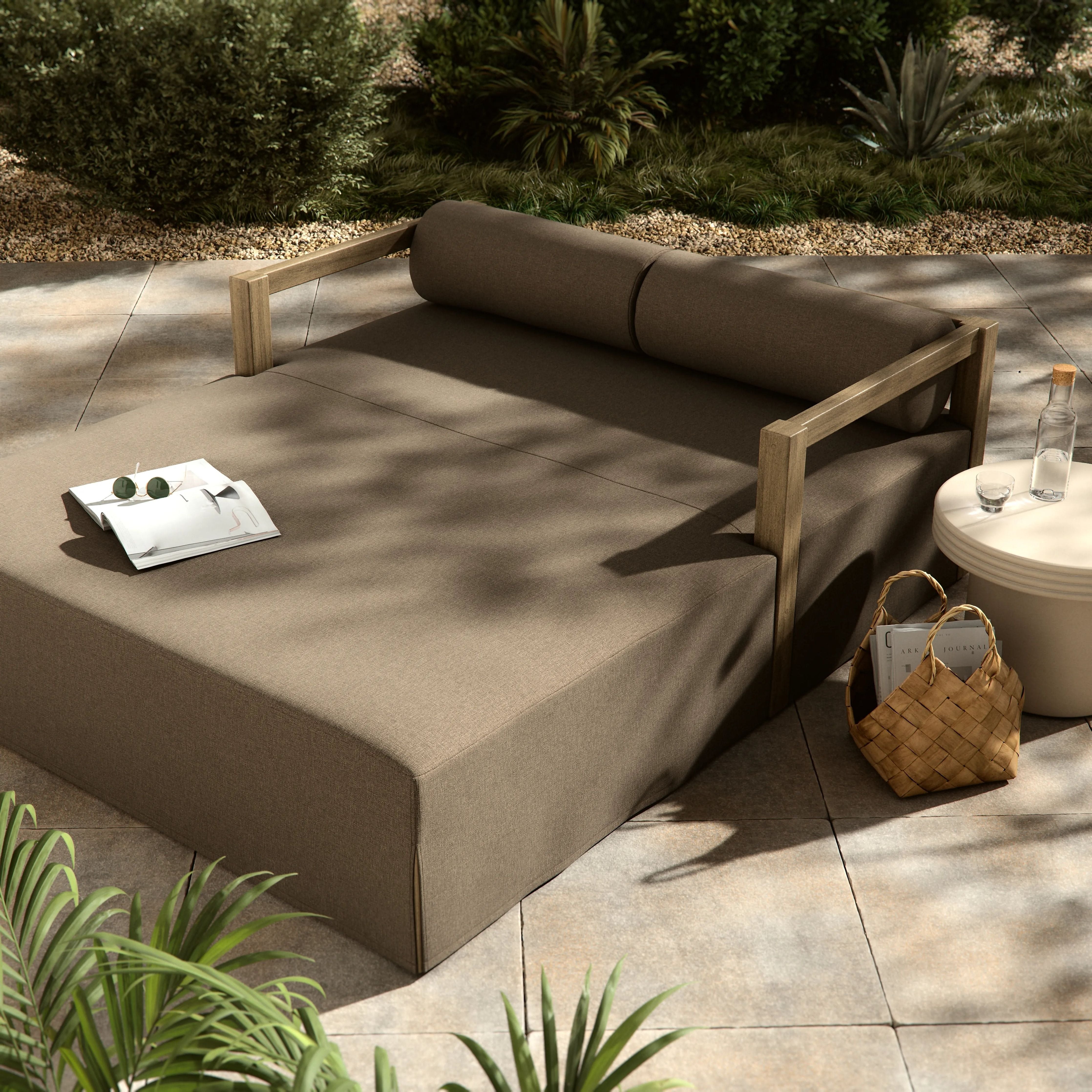 Featuring Laskin Washed Brown Outdoor Daybed by Four Hands at Amethyst Home. A soft, durable slipcover brings a complementary casual and laid-back look to structured framing of FSCA-certified teak. A bolster back cushion offers support and comfort in this outdoor daybed. Made in Italy, this sustainably made fabric is antimicrobial and highly resistant to . Amethyst Home provides interior design, new home construction design consulting, vintage area rugs, and lighting in the Los Angeles metro area.