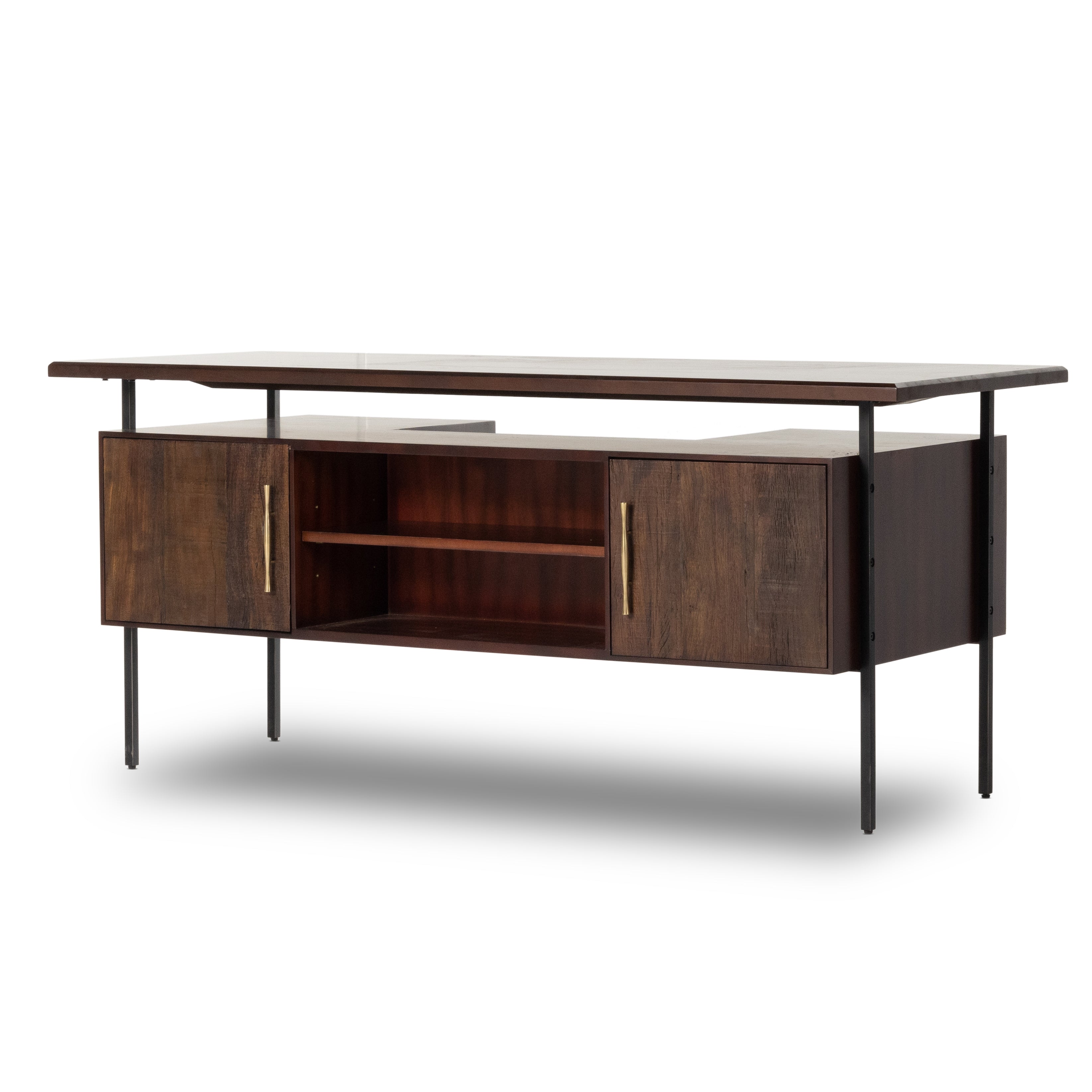 This mid-century inspired lawyer's desk offers heavy-duty storage with two-sided cabinetry. A floating top and simple iron legs keeps the look light and modern. Solid acacia casing with reclaimed peroba wood door and drawer fronts. This piece is designed in collaboration with Thomas Bina. Amethyst Home provides interior design, new construction, custom furniture, and area rugs in the Miami metro area.