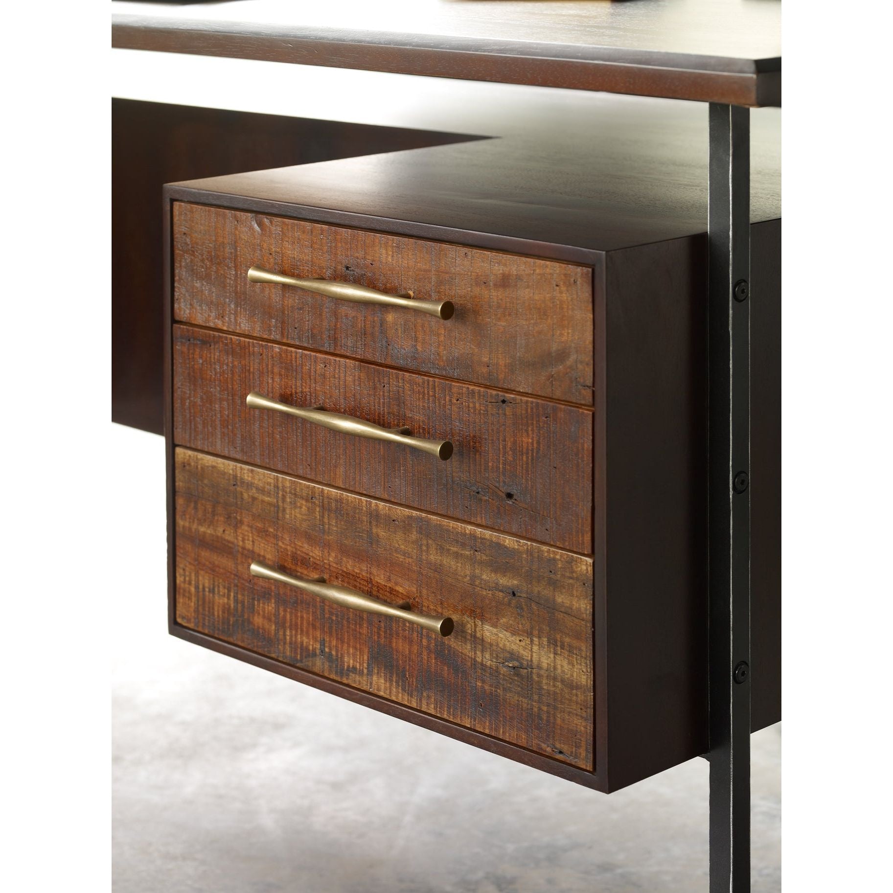 This mid-century inspired lawyer's desk offers heavy-duty storage with two-sided cabinetry. A floating top and simple iron legs keeps the look light and modern. Solid acacia casing with reclaimed peroba wood door and drawer fronts. This piece is designed in collaboration with Thomas Bina. Amethyst Home provides interior design, new construction, custom furniture, and area rugs in the Portland metro area.