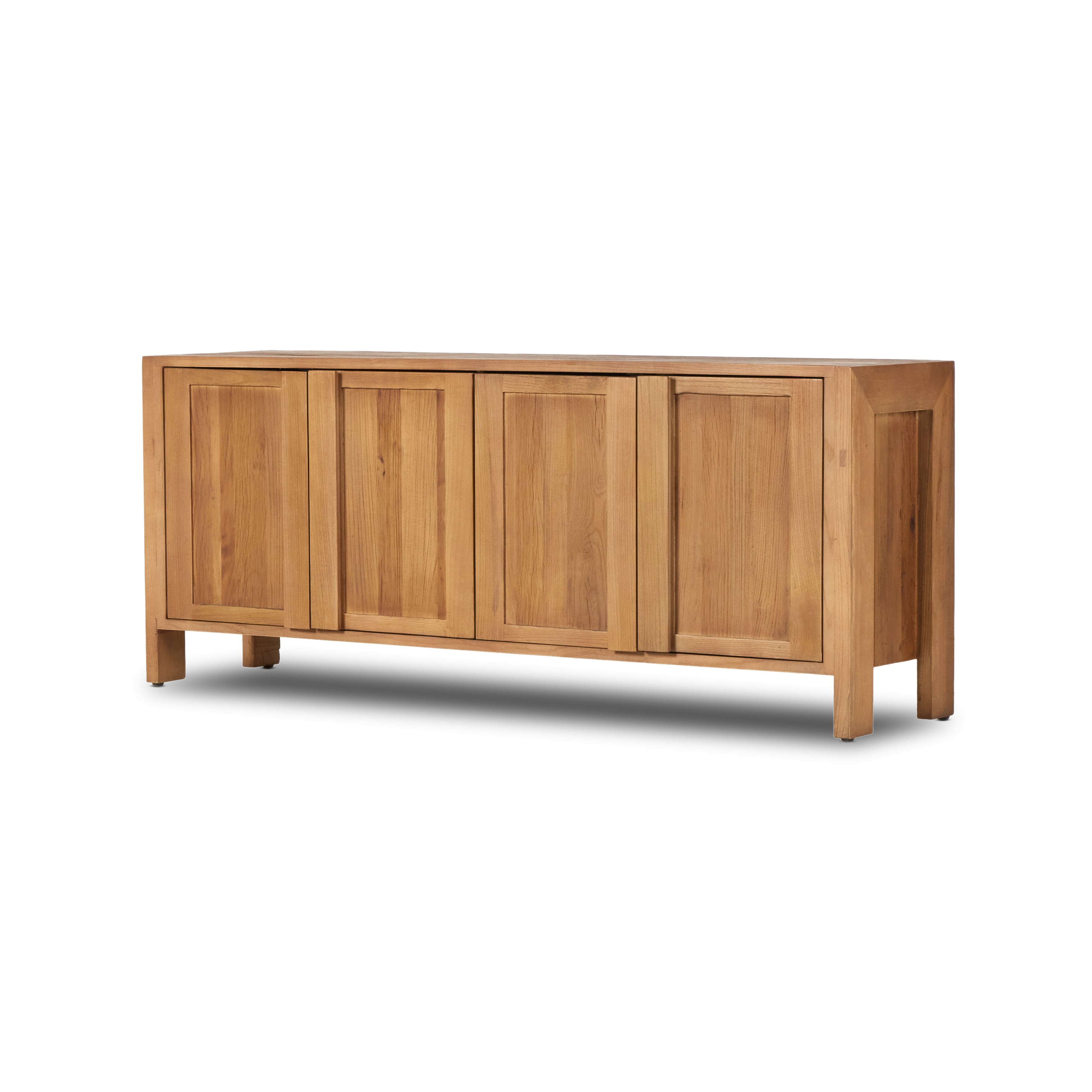 Inspired by Swedish folk design, natural elm crafts the frame and panel structure of this sideboard. Designed without hardware, the raised panels of the doors have a cutout to serve as handles, offering a clean appearance that offers practical function. Amethyst Home provides interior design, new construction, custom furniture, and area rugs in the Des Moines metro area.