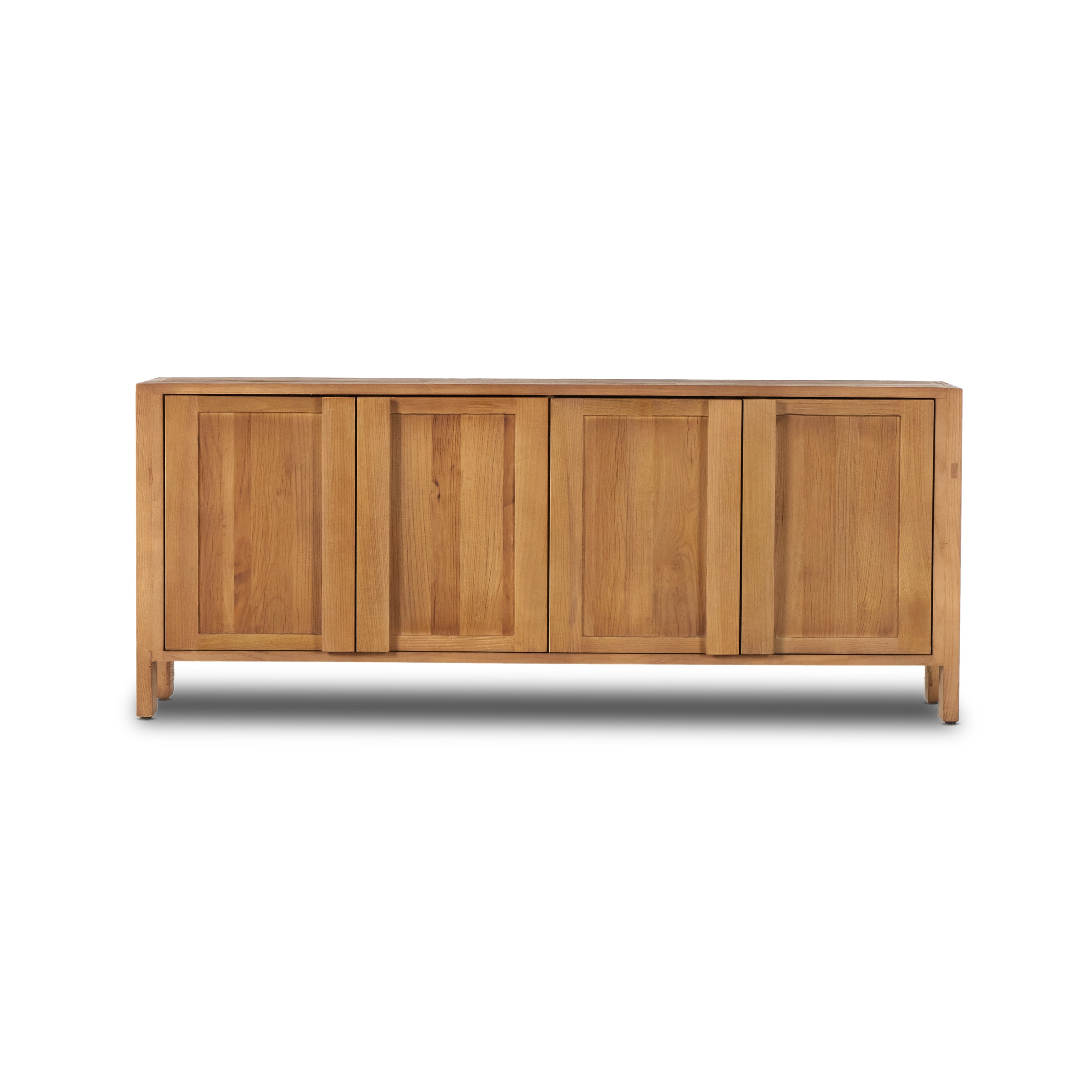 Inspired by Swedish folk design, natural elm crafts the frame and panel structure of this sideboard. Designed without hardware, the raised panels of the doors have a cutout to serve as handles, offering a clean appearance that offers practical function. Amethyst Home provides interior design, new construction, custom furniture, and area rugs in the Miami metro area.