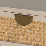 Bring a light, textural look to bedside storage. A lacquered three-drawer nightstand features woven cane panels and half-moon hardware finished in an aged brass. Amethyst Home provides interior design, new construction, custom furniture, and area rugs in the Boston metro area.