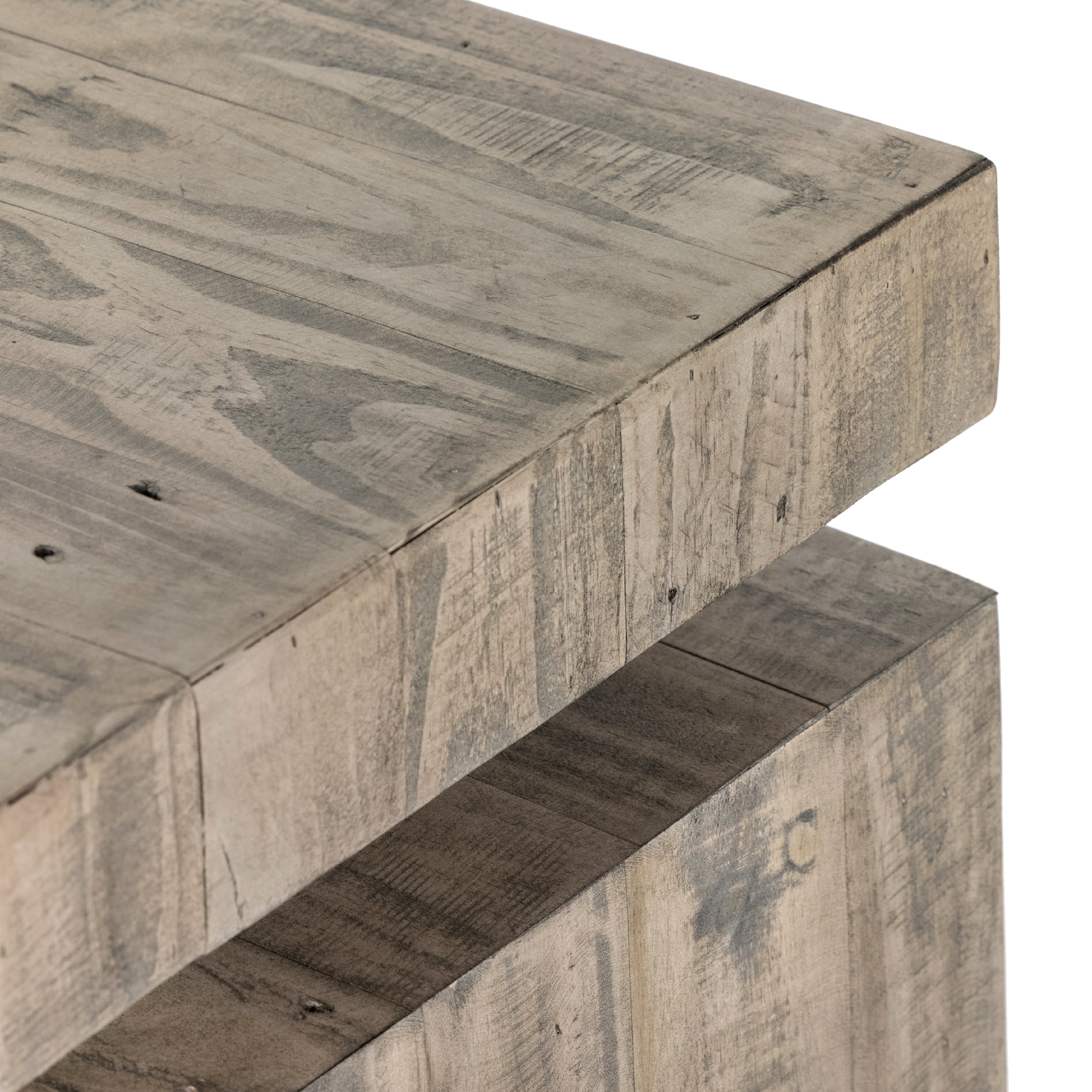Simple and streamlined to showcase natural beauty. Finished in a weathered wheat, solid reclaimed pine fashions a modern media console with rustic vibes. Amethyst Home provides interior design, new construction, custom furniture and area rugs in the Des Moines metro area