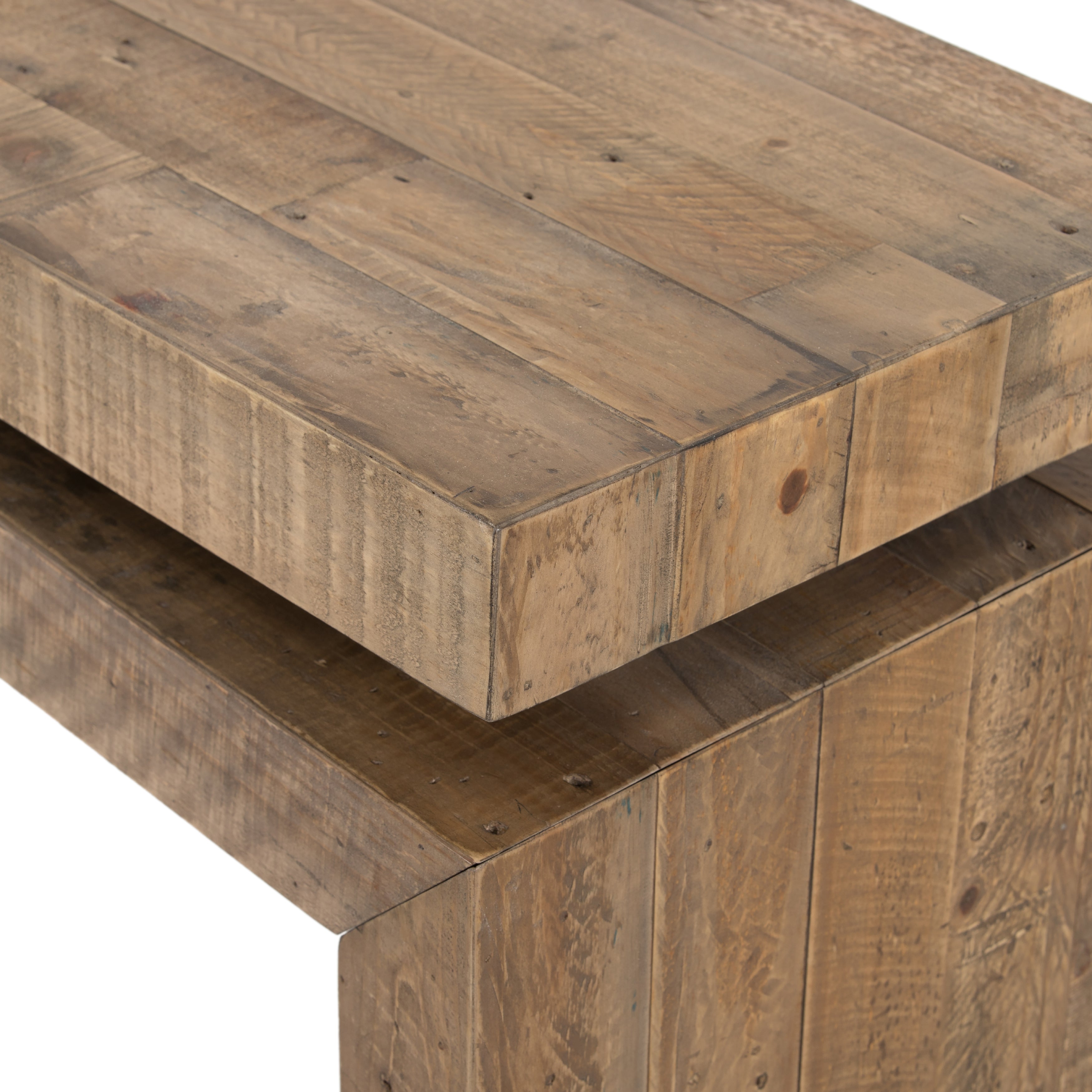 Simple and streamlined to showcase natural beauty. Mixed reclaimed woods fashion a modern media console, for an open look with organic vibes. Amethyst Home provides interior design, new home construction design consulting, vintage area rugs, and lighting in the San Diego metro area.