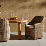 Traditional heritage shape on a grand scale. The outdoor dining chair is crafted from durable natural teak in a gorgeous, woven pattern highlighting the texture's natural highs and lows. Oversized with deep-seated comfort for the ultimate outdoor dining space. Cover or store indoors during inclement weather and when not in use. Amethyst Home provides interior design, new construction, custom furniture and area rugs in the Washington metro area