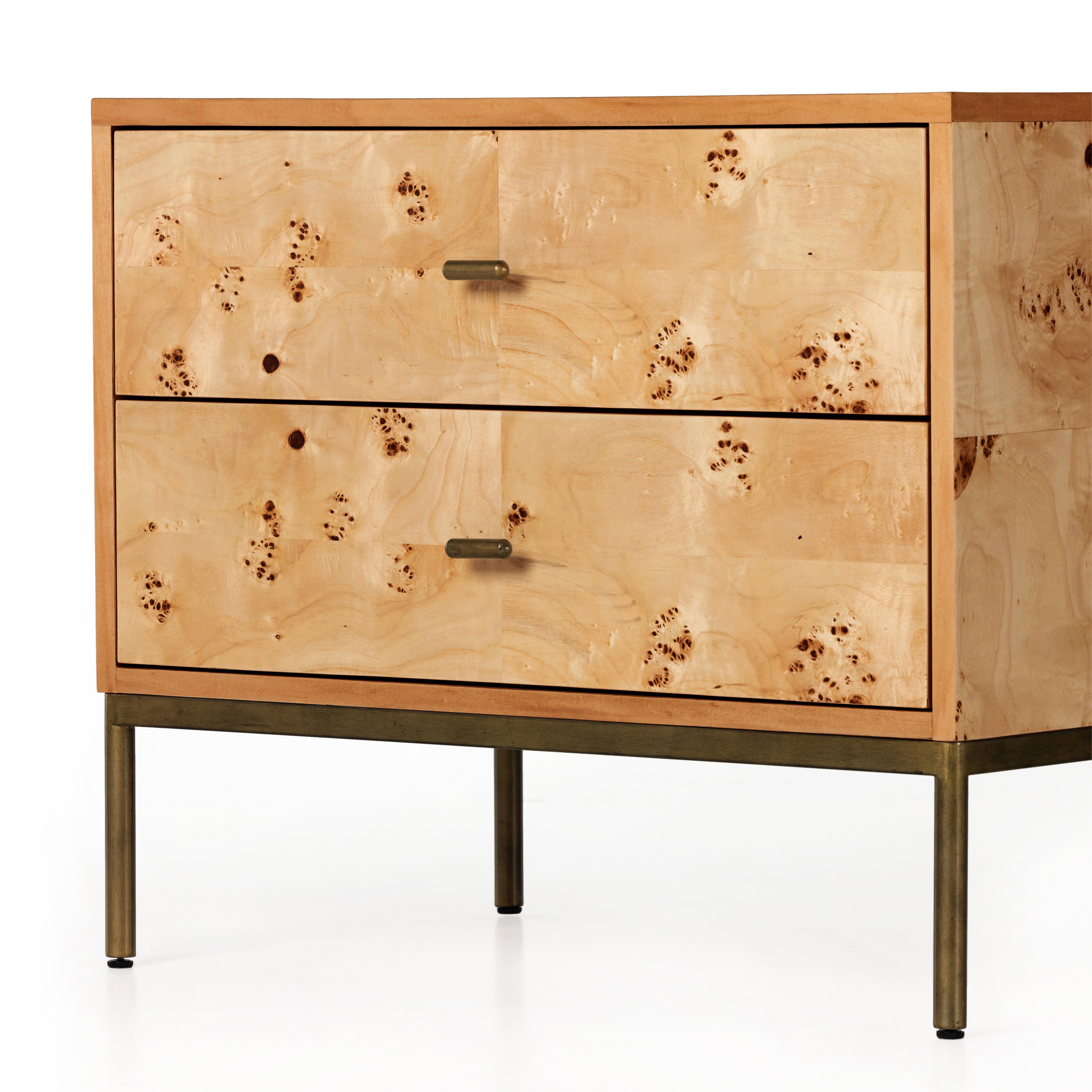 Made from poplar burl veneer with natural knots and graining, a dual-drawer nightstand brings extra storage space to the bedside. Slim brass-finished iron legs and hardware keep things looking light. Amethyst Home provides rugs, furniture, home decor, and lighting in the Houston metro area!