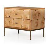 Made from poplar burl veneer with natural knots and graining, a dual-drawer nightstand brings extra storage space to the bedside. Slim brass-finished iron legs and hardware keep things looking light. Amethyst Home provides rugs, furniture, home decor, and lighting in the Kansas City metro area!