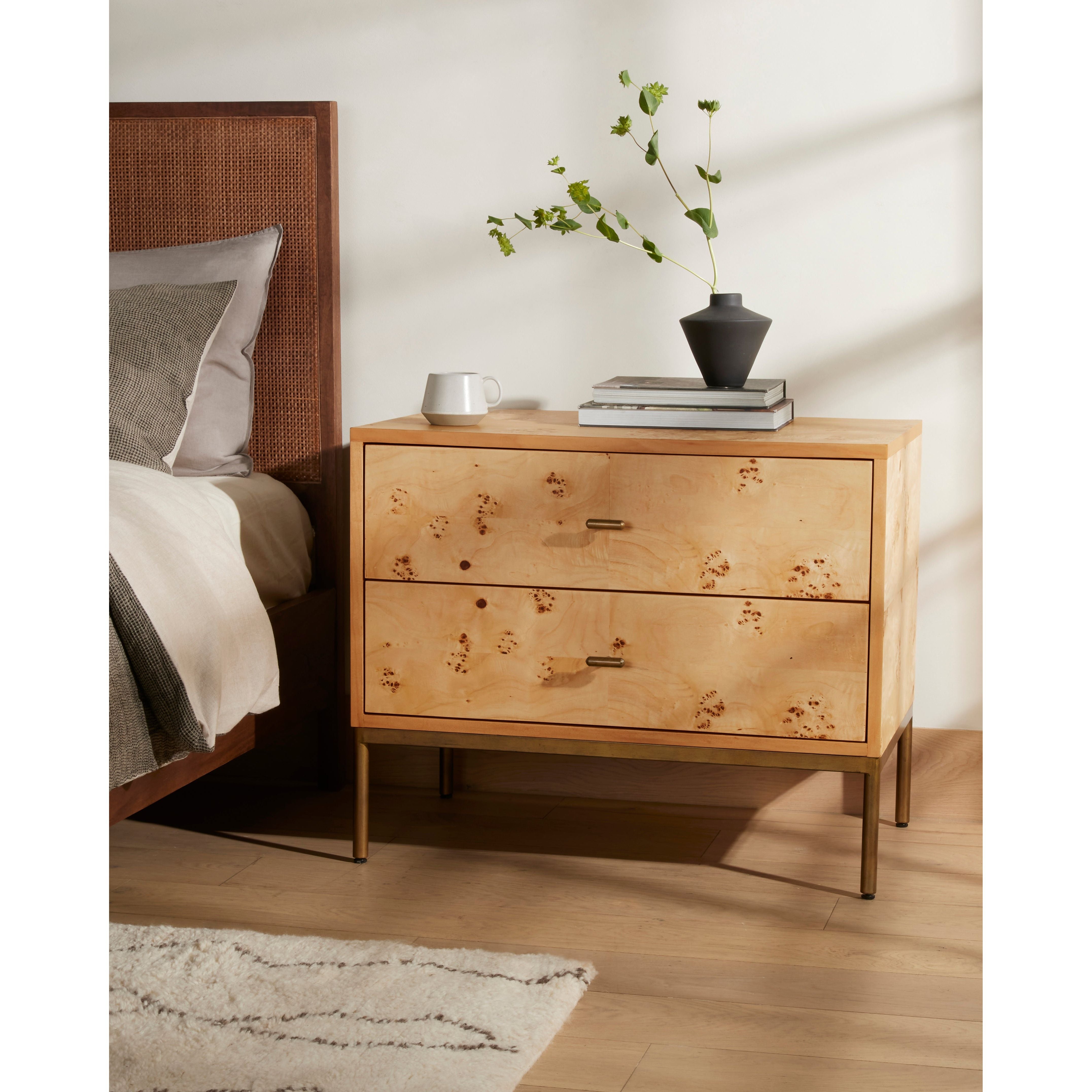 Made from poplar burl veneer with natural knots and graining, a dual-drawer nightstand brings extra storage space to the bedside. Slim brass-finished iron legs and hardware keep things looking light. Amethyst Home provides rugs, furniture, home decor, and lighting in the Omaha metro area!