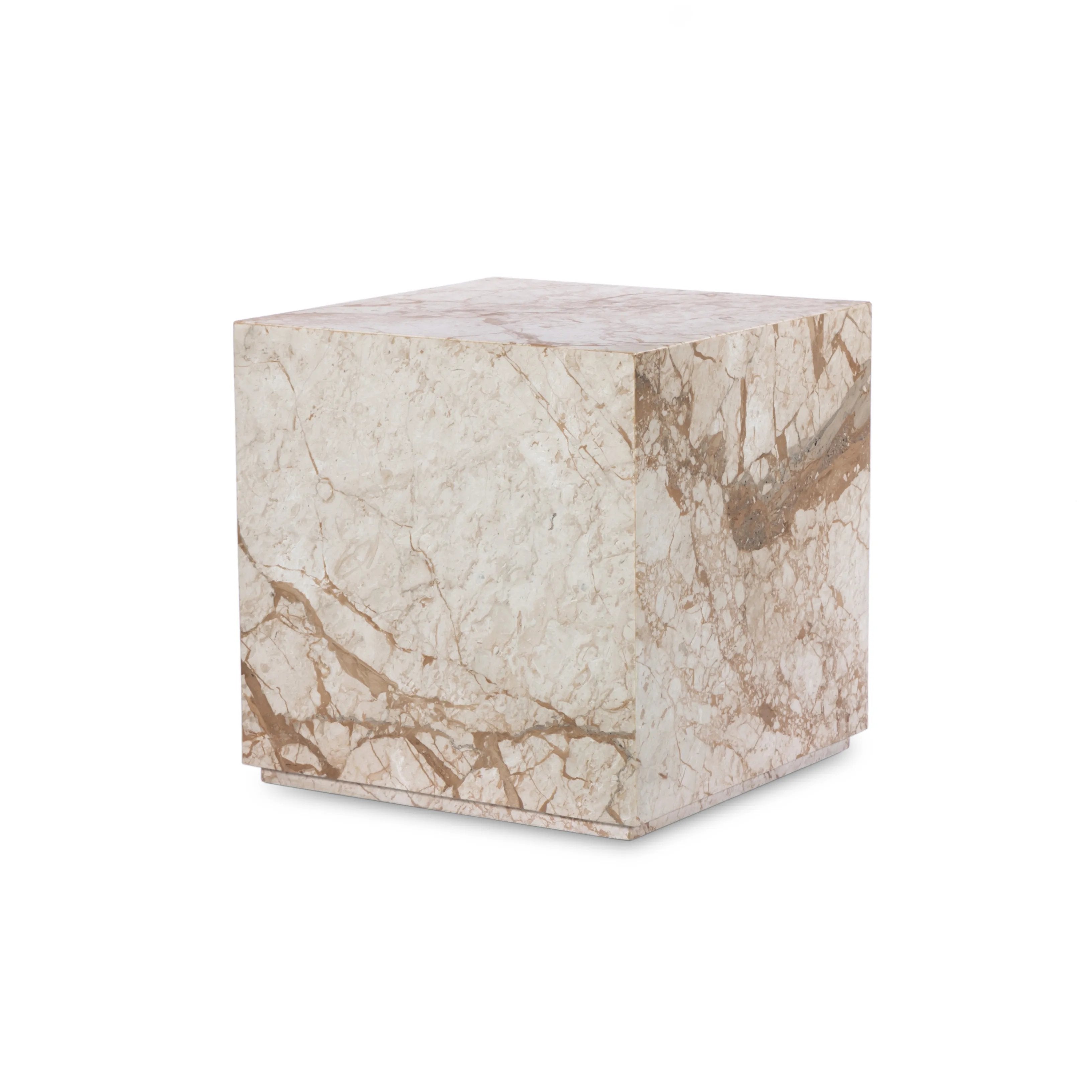 Taupe marble shapes a cubed, plinth-style end table that can be styled just about anywhere.Collection: Elemen Amethyst Home provides interior design, new home construction design consulting, vintage area rugs, and lighting in the Austin metro area.