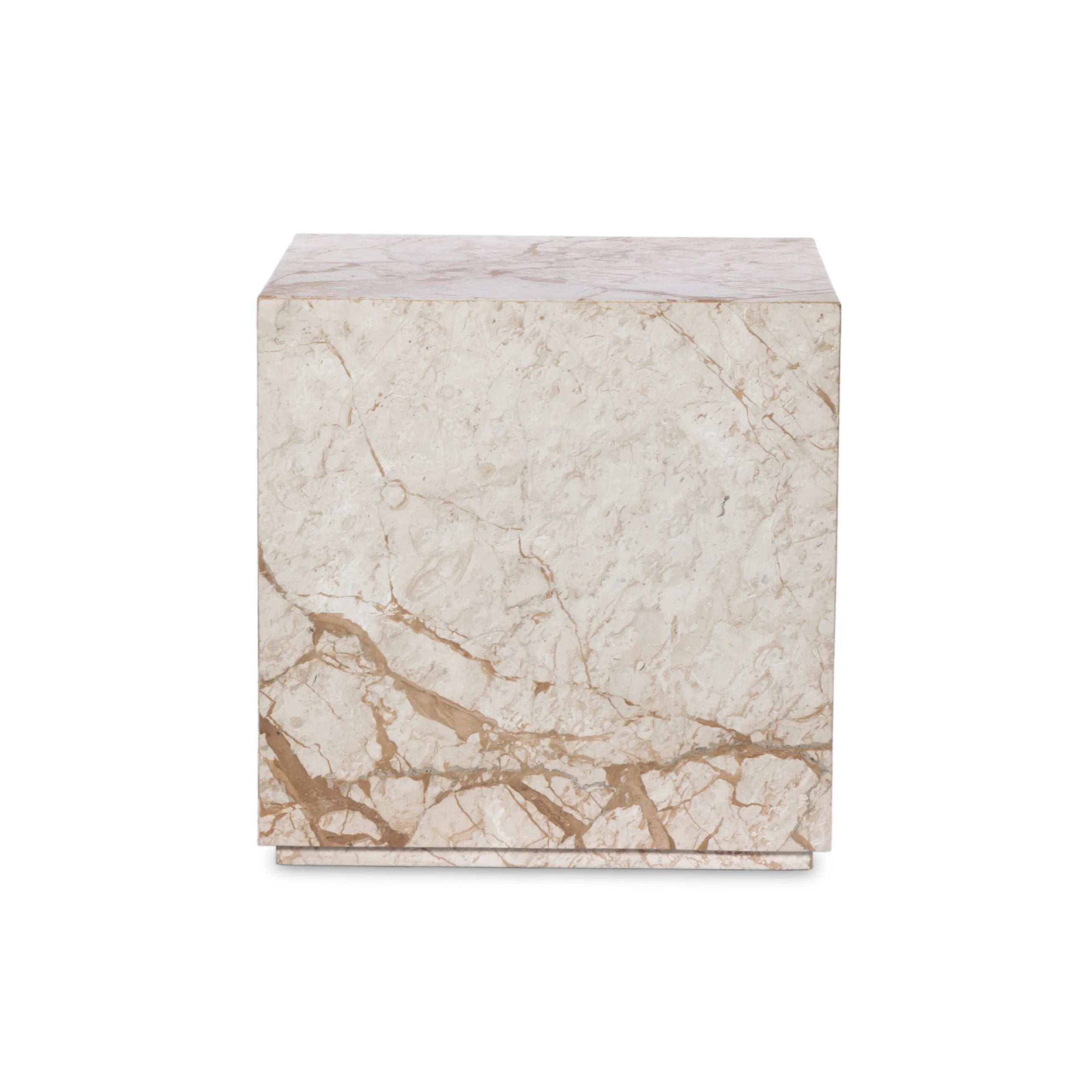 Taupe marble shapes a cubed, plinth-style end table that can be styled just about anywhere.Collection: Elemen Amethyst Home provides interior design, new home construction design consulting, vintage area rugs, and lighting in the Miami metro area.