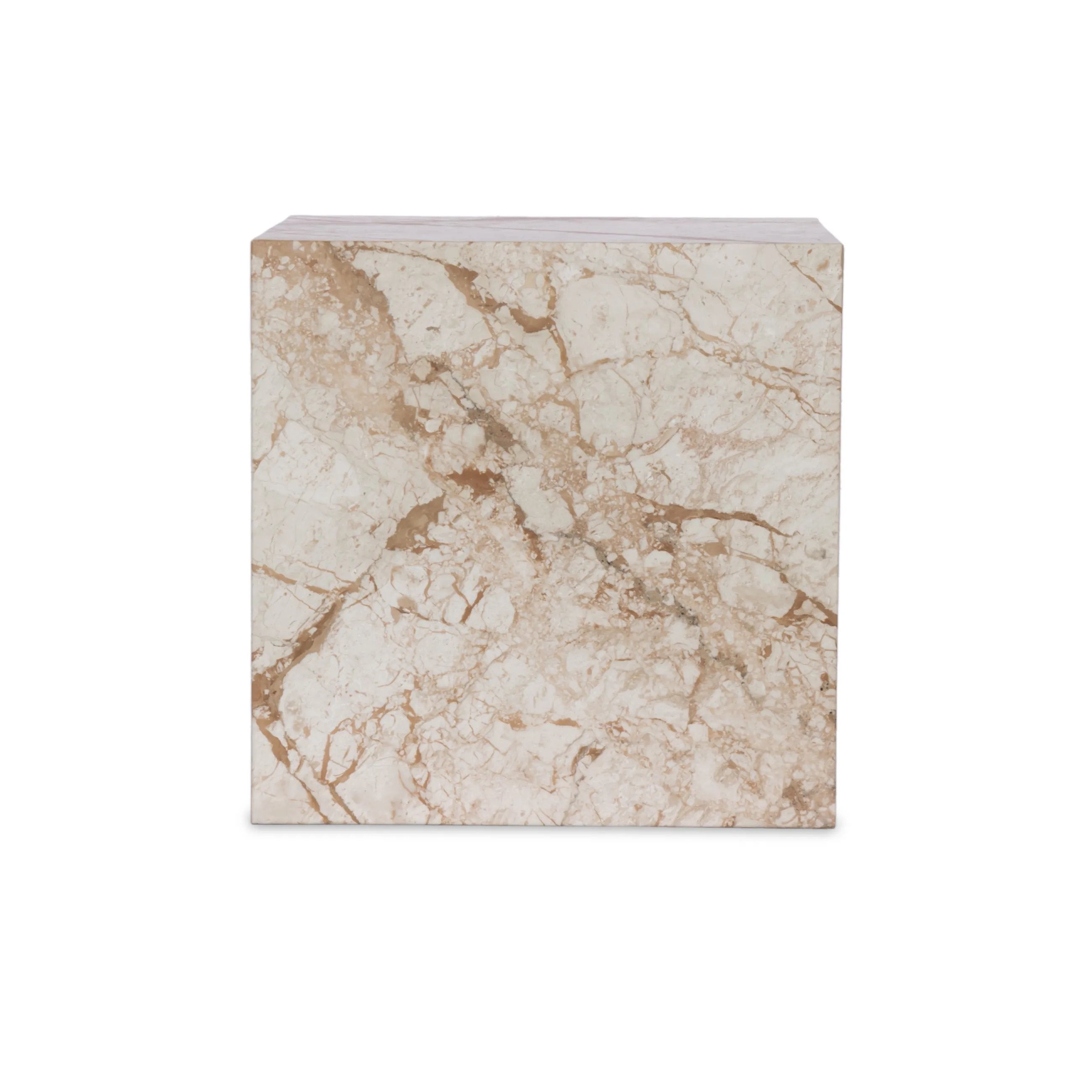 Taupe marble shapes a cubed, plinth-style end table that can be styled just about anywhere.Collection: Elemen Amethyst Home provides interior design, new home construction design consulting, vintage area rugs, and lighting in the Portland metro area.