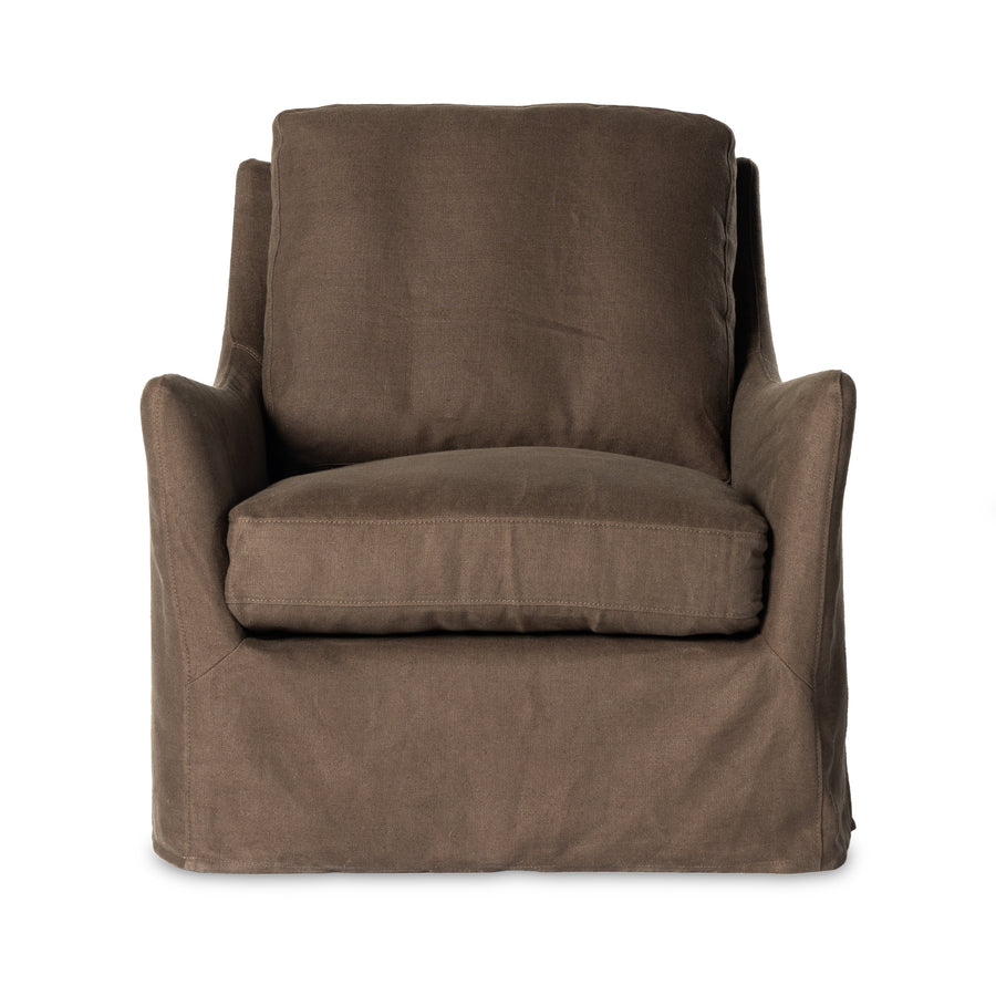 This 360-degree swivel chair is defined by slightly sloping, flared arms and a floor-length slipcover. Finished in a soft, tight weave slipcover for a traditional style. Durable and soft to the touch, Libeco™-sourced linens are artisan-made and free of toxic chemicals. Slipcovered styles are fully removable and machine-washable for easy care. Amethyst Home provides interior design, new home construction design consulting, vintage area rugs, and lighting in the Los Angeles metro area.