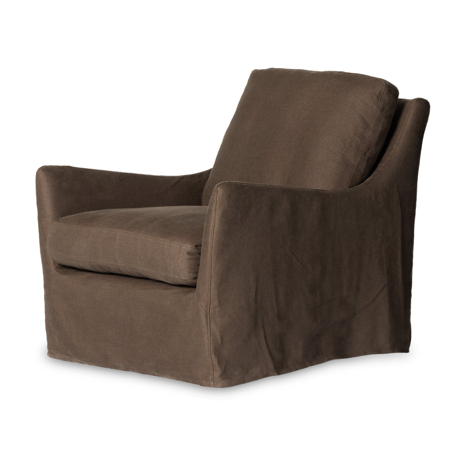 This 360-degree swivel chair is defined by slightly sloping, flared arms and a floor-length slipcover. Finished in a soft, tight weave slipcover for a traditional style. Durable and soft to the touch, Libeco™-sourced linens are artisan-made and free of toxic chemicals. Slipcovered styles are fully removable and machine-washable for easy care. Amethyst Home provides interior design, new home construction design consulting, vintage area rugs, and lighting in the Omaha metro area.