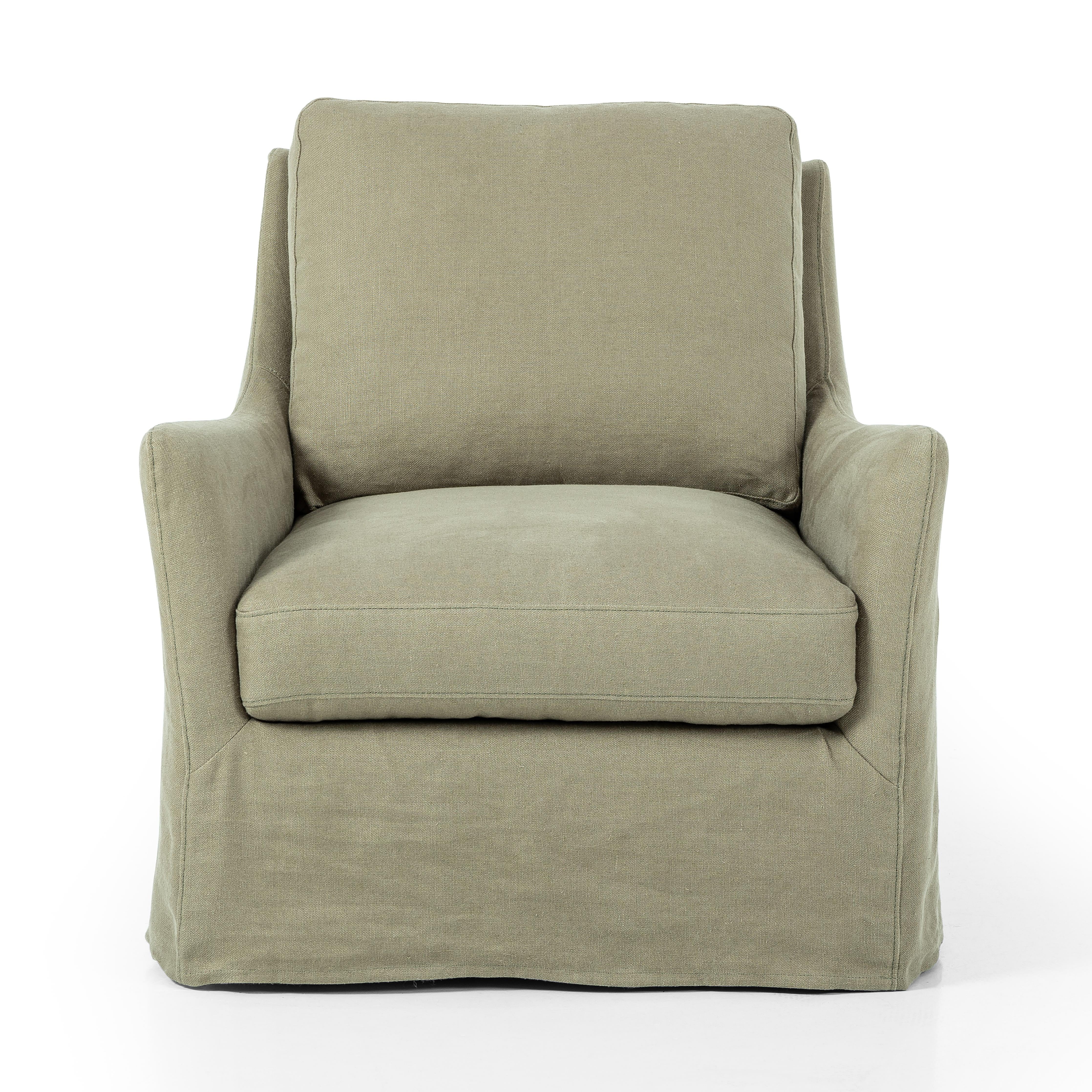 This 360-degree swivel chair is defined by slightly sloping, flared arms and a floor-length slipcover. Finished in a soft, tight weave slipcover for a traditional style. Durable and soft to the touch, Libeco™-sourced linens are artisan-made and free of toxic chemicals. Slipcovered styles are fully removable and machine-washable for easy care. Amethyst Home provides interior design, new home construction design consulting, vintage area rugs, and lighting in the Kansas City metro area.