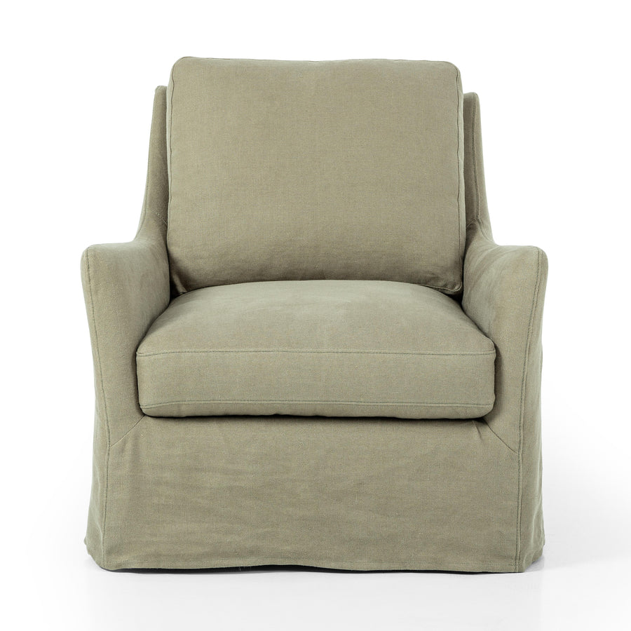 This 360-degree swivel chair is defined by slightly sloping, flared arms and a floor-length slipcover. Finished in a soft, tight weave slipcover for a traditional style. Durable and soft to the touch, Libeco™-sourced linens are artisan-made and free of toxic chemicals. Slipcovered styles are fully removable and machine-washable for easy care. Amethyst Home provides interior design, new home construction design consulting, vintage area rugs, and lighting in the Kansas City metro area.