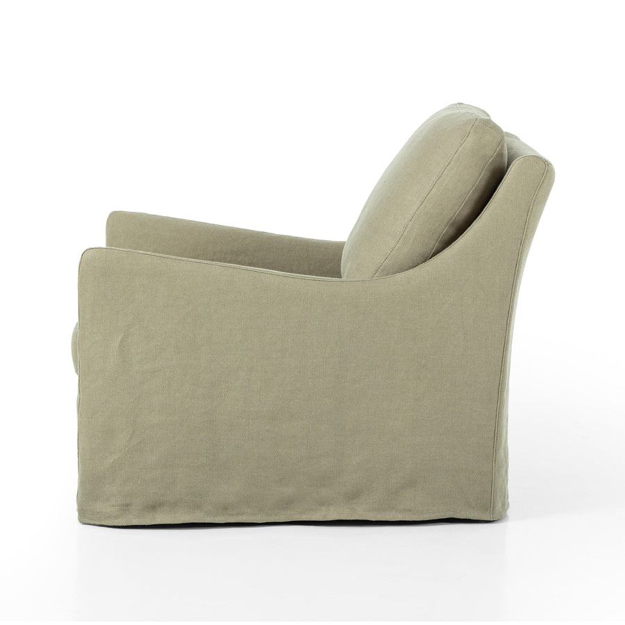 This 360-degree swivel chair is defined by slightly sloping, flared arms and a floor-length slipcover. Finished in a soft, tight weave slipcover for a traditional style. Durable and soft to the touch, Libeco™-sourced linens are artisan-made and free of toxic chemicals. Slipcovered styles are fully removable and machine-washable for easy care. Amethyst Home provides interior design, new home construction design consulting, vintage area rugs, and lighting in the Los Angeles metro area.