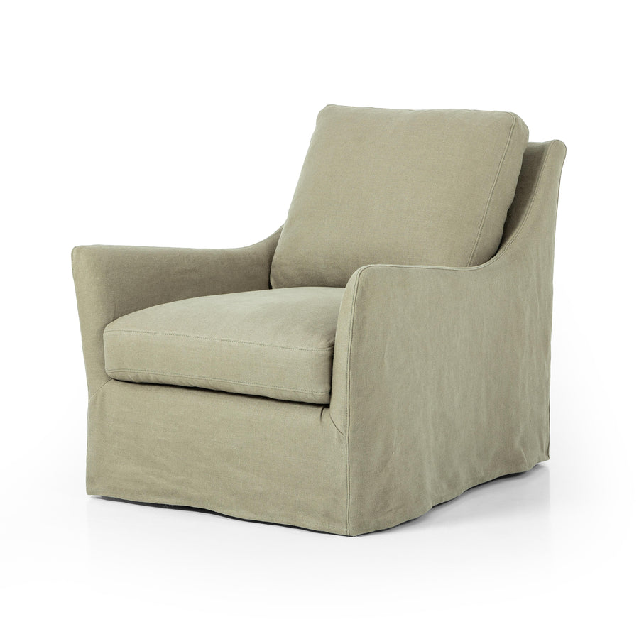 This 360-degree swivel chair is defined by slightly sloping, flared arms and a floor-length slipcover. Finished in a soft, tight weave slipcover for a traditional style. Durable and soft to the touch, Libeco™-sourced linens are artisan-made and free of toxic chemicals. Slipcovered styles are fully removable and machine-washable for easy care. Amethyst Home provides interior design, new home construction design consulting, vintage area rugs, and lighting in the Monterey metro area.