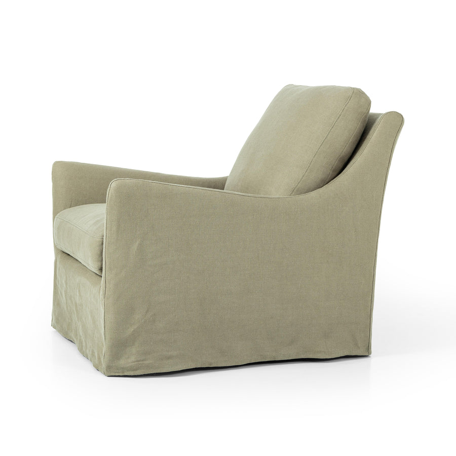 This 360-degree swivel chair is defined by slightly sloping, flared arms and a floor-length slipcover. Finished in a soft, tight weave slipcover for a traditional style. Durable and soft to the touch, Libeco™-sourced linens are artisan-made and free of toxic chemicals. Slipcovered styles are fully removable and machine-washable for easy care. Amethyst Home provides interior design, new home construction design consulting, vintage area rugs, and lighting in the Washington metro area.