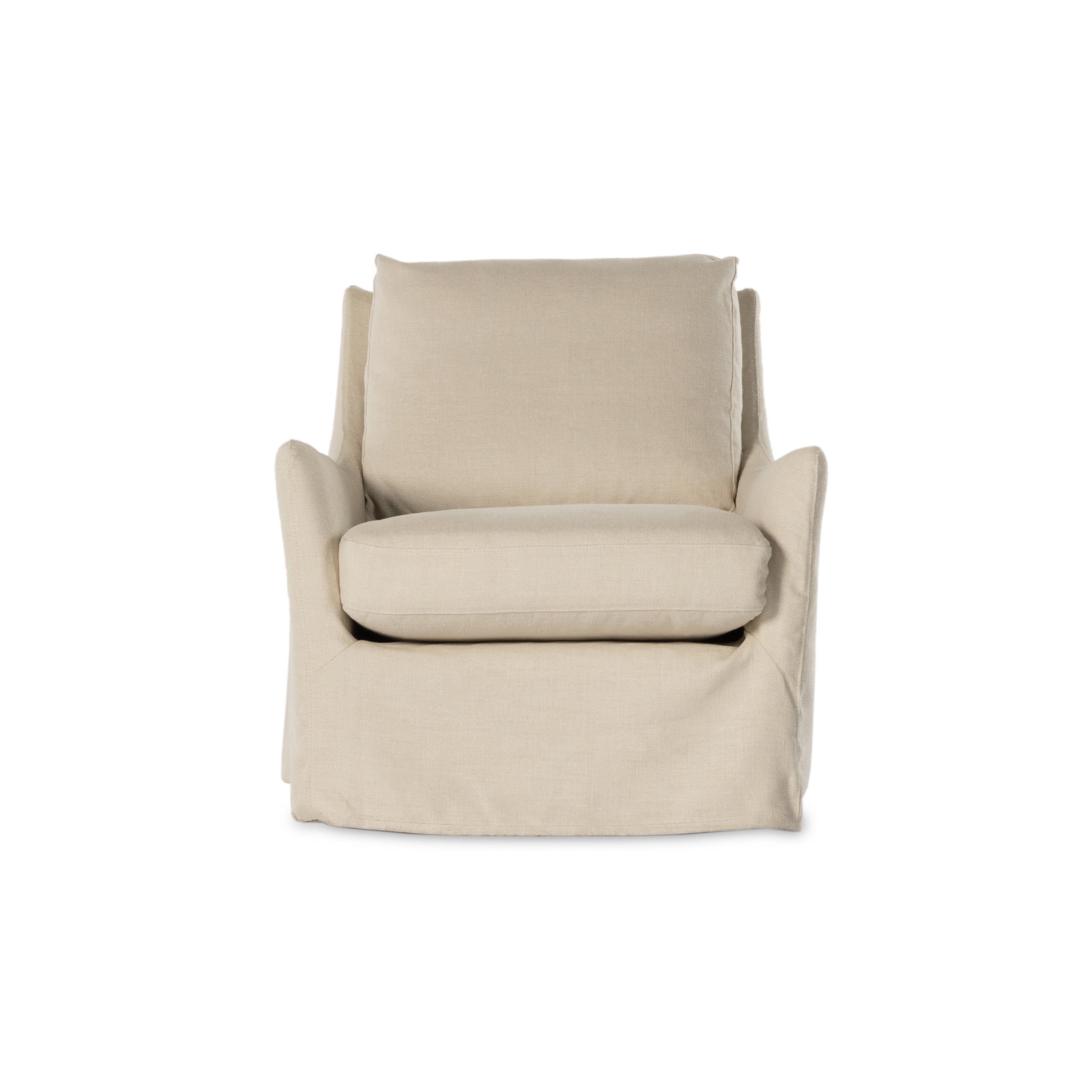 This 360-degree swivel chair is defined by slightly sloping, flared arms and a floor-length slipcover. Finished in a soft, tight weave slipcover for a traditional style. Durable and soft to the touch, Libecoâ„¢-sourced linens are artisan-made and free of toxic chemicals. Slipcovered styles are fully removable and machine-washable for easy care. Amethyst Home provides interior design, new construction, custom furniture and area rugs in the Boston metro area