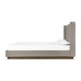 The Montgomery Bed is a tall, vertical-channeled headboard that is upholstered in grey high-performance fabric for a sensible take on modern bedroom styling. Amethyst Home provides interior design services, furniture, rugs, and lighting in the Austin metro area. 