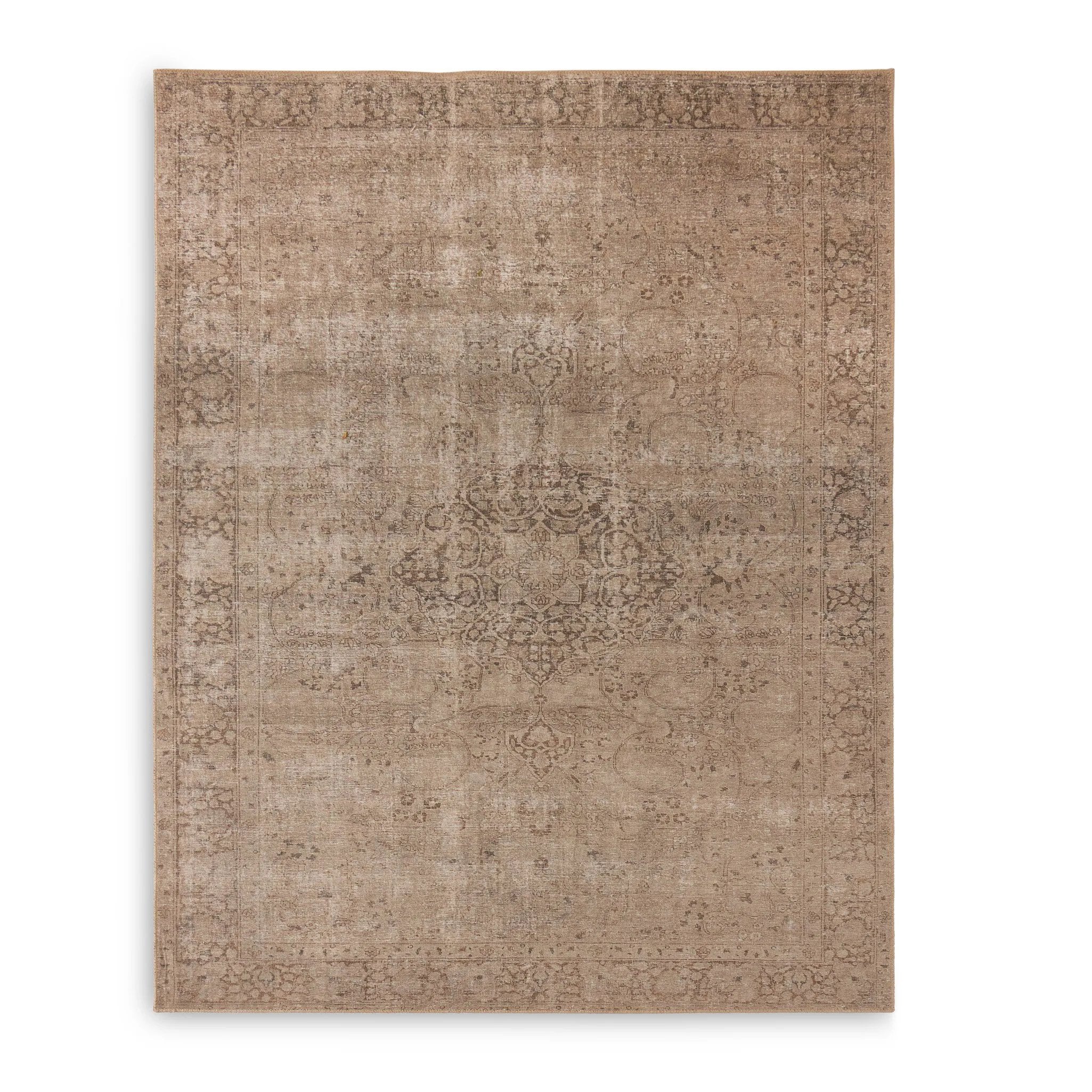 A jute-blend area rug is power-loomed in Egypt. Each pattern is created from a high-quality scan of a vintage rug. A team of graphic designers then perfects the pattern and colors to closely resemble the original rug. The result: a textural and versatile piece that looks authentically antiqued.Overall Dimensions60.00"w x 0.50"d x 96. Amethyst Home provides interior design, new home construction design consulting, vintage area rugs, and lighting in the Calabasas metro area.