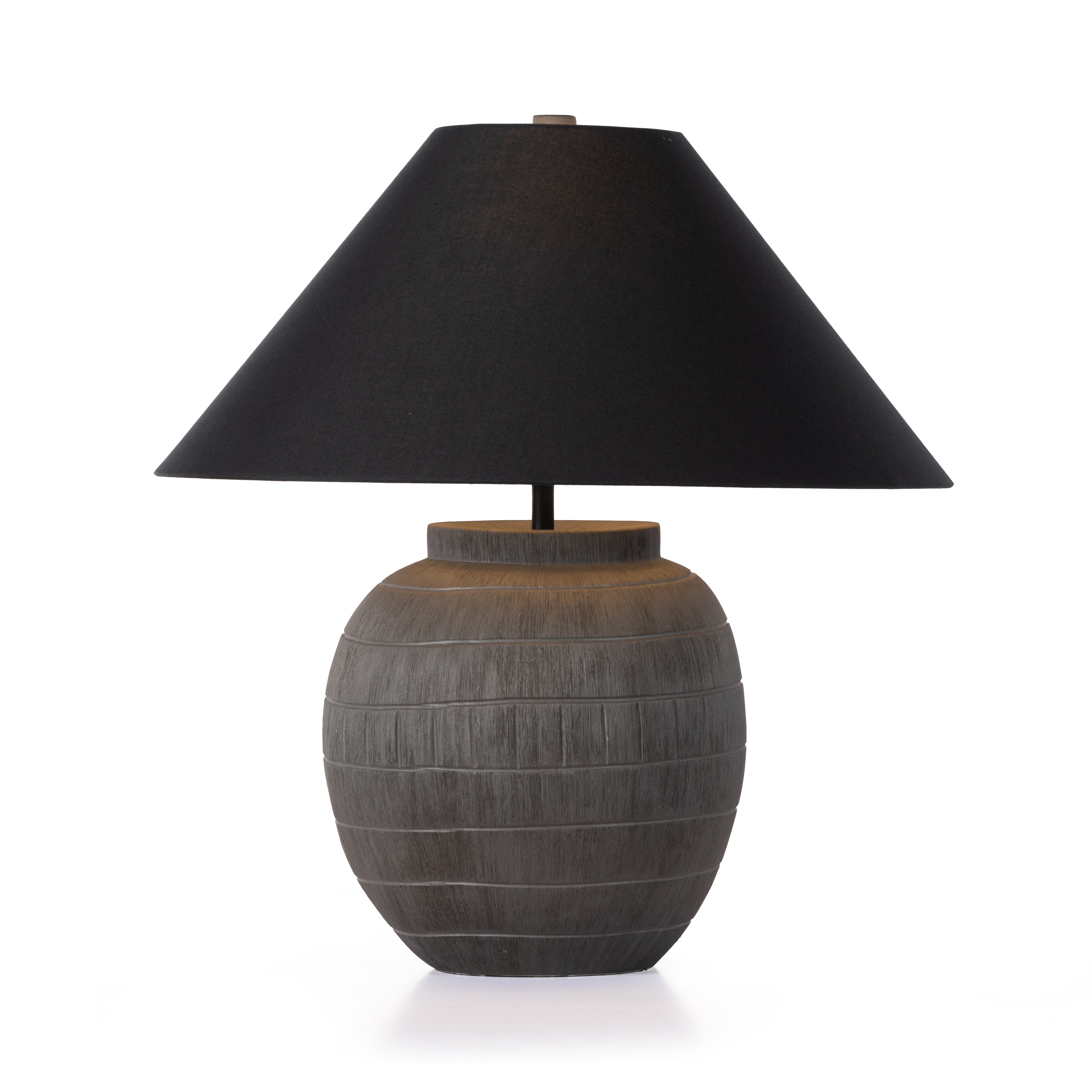 Muji Black Cotton Table Lamp is a hand-shaped black talavera lamp with handle-like detailing pairs with a tapered cotton shade in black. Amethyst Home provides interior design services, furniture, rugs, and lighting in the Calabasas metro area.