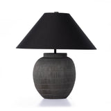 Muji Black Cotton Table Lamp is a hand-shaped black talavera lamp with handle-like detailing pairs with a tapered cotton shade in black. Amethyst Home provides interior design services, furniture, rugs, and lighting in the Monterey metro area.