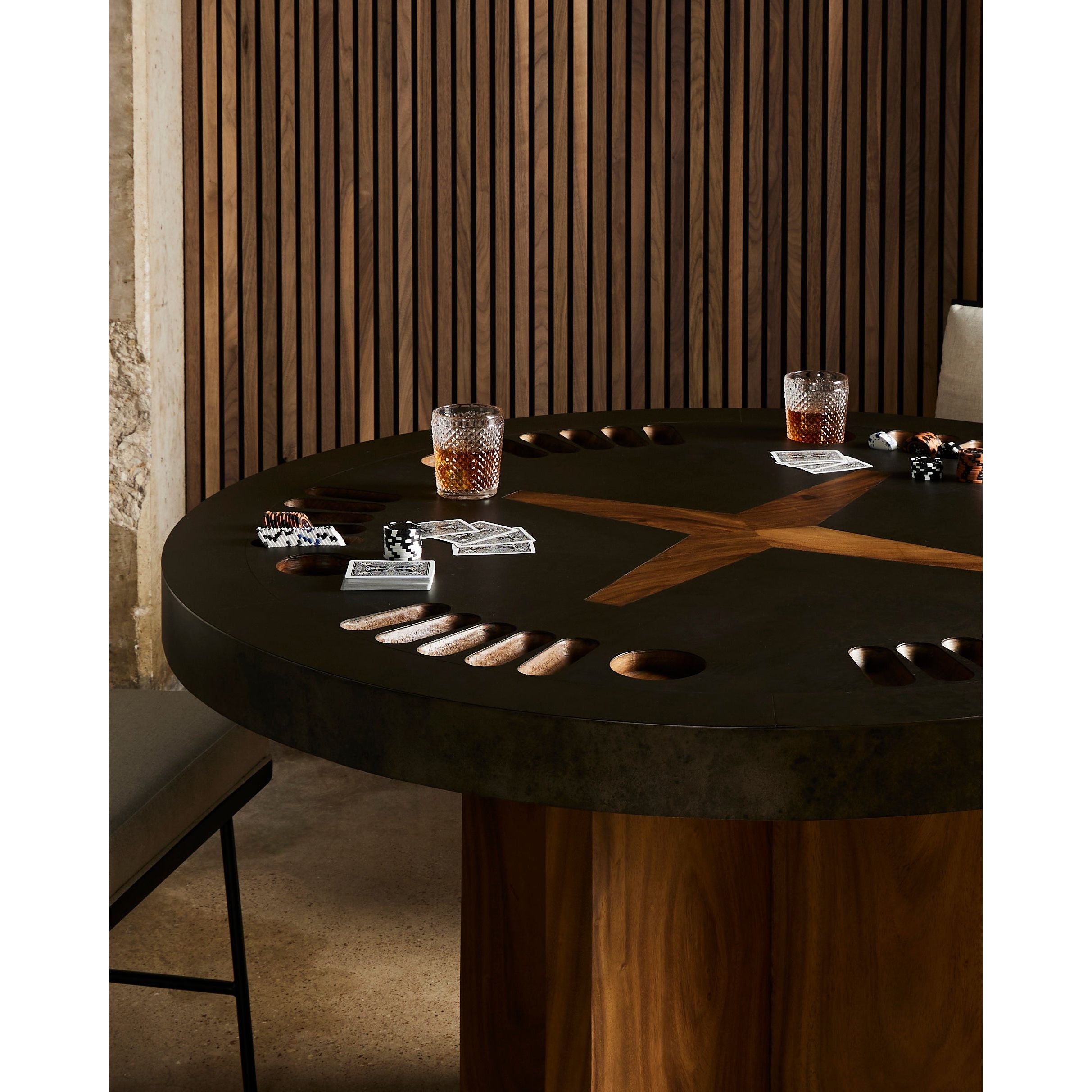 Handmade by skilled artisans, the Natural Brown Guanacaste Poker Table is a one-of-a-kind game that features a beautiful blend of hand-finished Guanacaste wood and metal that’s been aged through a manual, month-long process using natural elements to bring unique character to each piece. Includes built-ins for poker chips and drinks. Amethyst Home provides interior design services, furniture, rugs, and lighting in the Monterey metro area. 
