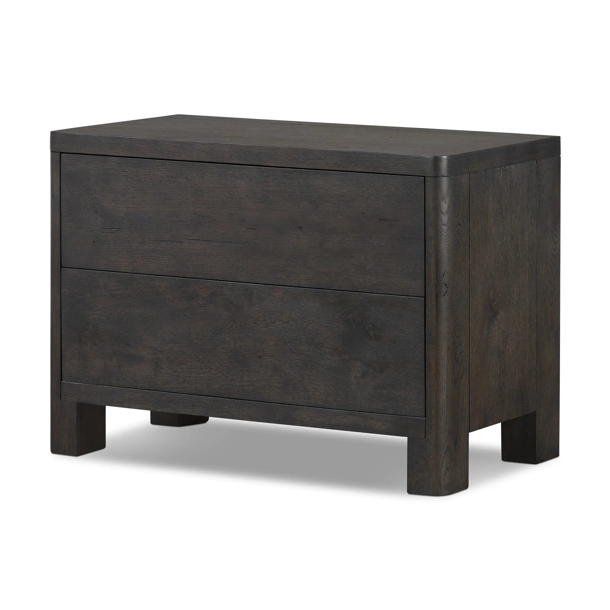 Topped with a thick plank of solid oak, this extra-wide nightstand blends modern lines and warm character with two roomy drawers, slightly curved corners, and solid square legs. Seamless drawer fronts have a push-latch mechanism. Made from solid oak and veneer in a smoky black finish.Collection: Bolto Amethyst Home provides interior design, new home construction design consulting, vintage area rugs, and lighting in the Alpharetta metro area.