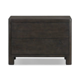 Topped with a thick plank of solid oak, this extra-wide nightstand blends modern lines and warm character with two roomy drawers, slightly curved corners, and solid square legs. Seamless drawer fronts have a push-latch mechanism. Made from solid oak and veneer in a smoky black finish.Collection: Bolto Amethyst Home provides interior design, new home construction design consulting, vintage area rugs, and lighting in the Newport Beach metro area.