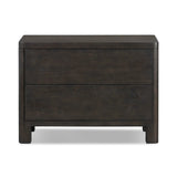 Featuring Noeline Smoked Black Oak Veneer Nightstand by Four Hands at Amethyst Home. Topped with a thick plank of solid oak, this extra-wide nightstand blends modern lines and warm character with two roomy drawers, slightly curved corners, and solid square legs. Seamless drawer fronts have a push-latch mechanism. Made from solid oak and veneer in a smok. Amethyst Home provides interior design, new home construction design consulting, vintage area rugs, and lighting in the Newport Beach metro area.