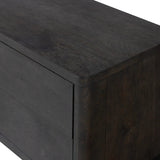 Featuring Noeline Smoked Black Oak Veneer Nightstand by Four Hands at Amethyst Home. Topped with a thick plank of solid oak, this extra-wide nightstand blends modern lines and warm character with two roomy drawers, slightly curved corners, and solid square legs. Seamless drawer fronts have a push-latch mechanism. Made from solid oak and veneer in a smoky black . Amethyst Home provides interior design, new home construction design consulting, vintage area rugs, and lighting in the Tampa metro area.