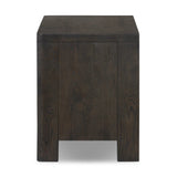 Topped with a thick plank of solid oak, this extra-wide nightstand blends modern lines and warm character with two roomy drawers, slightly curved corners, and solid square legs. Seamless drawer fronts have a push-latch mechanism. Made from solid oak and veneer in a smoky black finish.Collection: Bolto Amethyst Home provides interior design, new home construction design consulting, vintage area rugs, and lighting in the Winter Garden metro area.