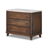 Capturing the charm of vintage French storage, this solid mango wood nightstand stands tall with a polished marble top and softened ogee edges. Three spacious drawers are fitted with classic brass-button hardware. Natural marks and cracks are characteristic of the reclaimed wood.Collection: Harmo Amethyst Home provides interior design, new home construction design consulting, vintage area rugs, and lighting in the Kansas City metro area.