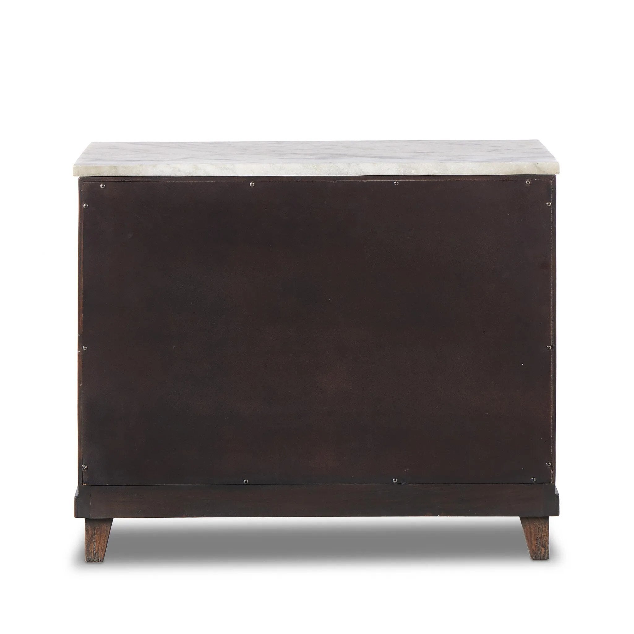 Capturing the charm of vintage French storage, this solid mango wood nightstand stands tall with a polished marble top and softened ogee edges. Three spacious drawers are fitted with classic brass-button hardware. Natural marks and cracks are characteristic of the reclaimed wood.Collection: Harmo Amethyst Home provides interior design, new home construction design consulting, vintage area rugs, and lighting in the Nashville metro area.