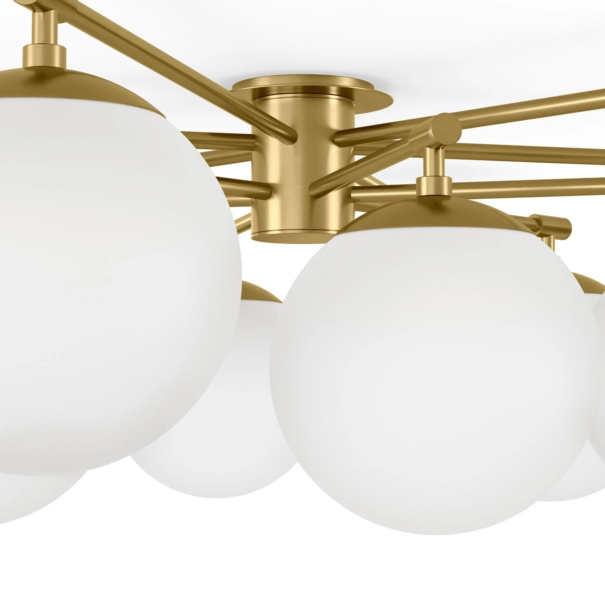 Matte glass spheres seem to extend and reach across smooth brass rods. Each globe is individually blown, shaped and sculpted by hand through a one-hour process. Matte globes are specially manufactured to evenly diffuse light. Brass and glass are 98% recyclable. Designed and sustainably crafted in Poland by Schwung.Overall Dimensions47.75"w x 47. Amethyst Home provides interior design, new home construction design consulting, vintage area rugs, and lighting in the Washington metro area.