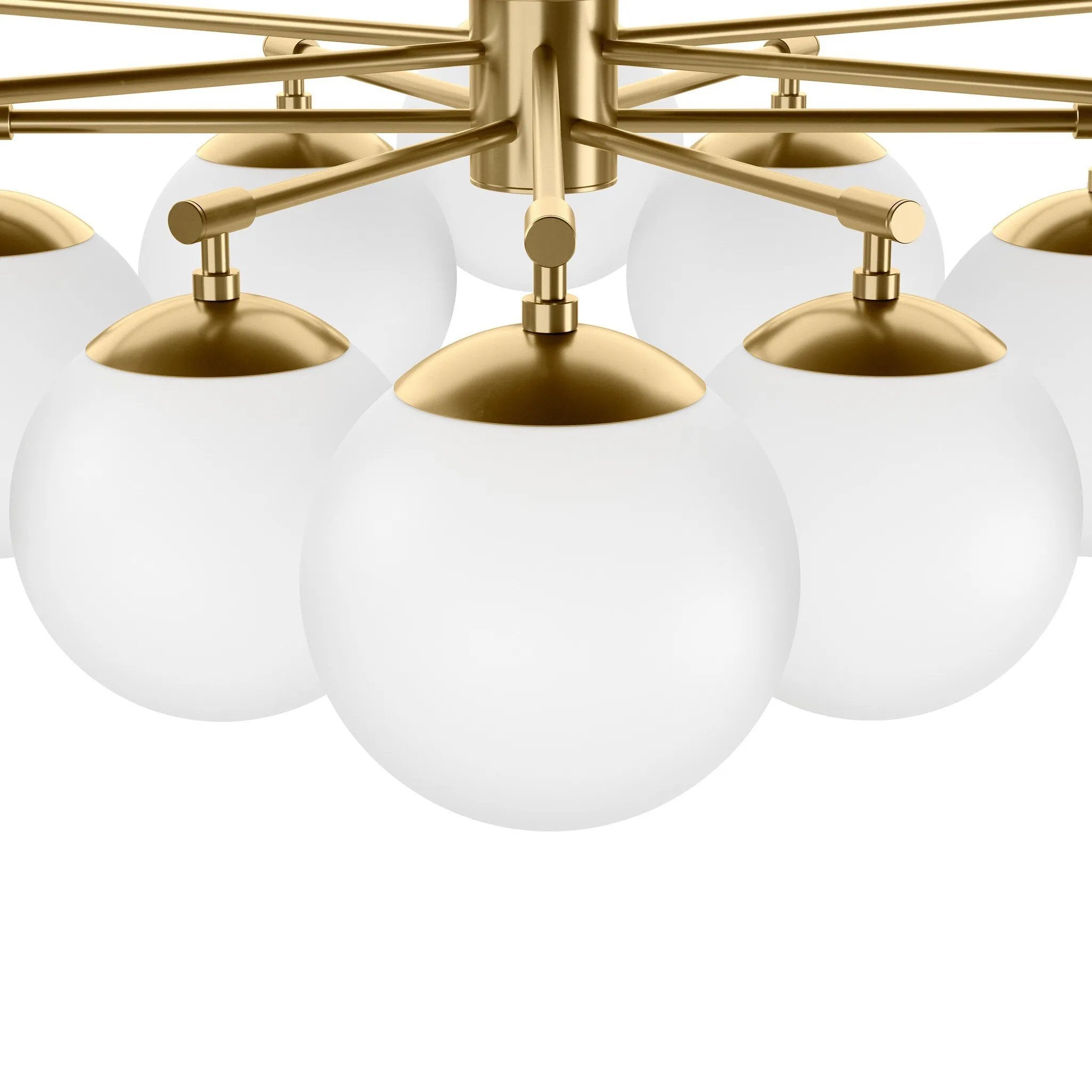 Matte glass spheres seem to extend and reach across smooth brass rods. Each globe is individually blown, shaped and sculpted by hand through a one-hour process. Matte globes are specially manufactured to evenly diffuse light. Brass and glass are 98% recyclable. Designed and sustainably crafted in Poland by Schwung.Overall Dimensions47.75"w x 47. Amethyst Home provides interior design, new home construction design consulting, vintage area rugs, and lighting in the Winter Garden metro area.